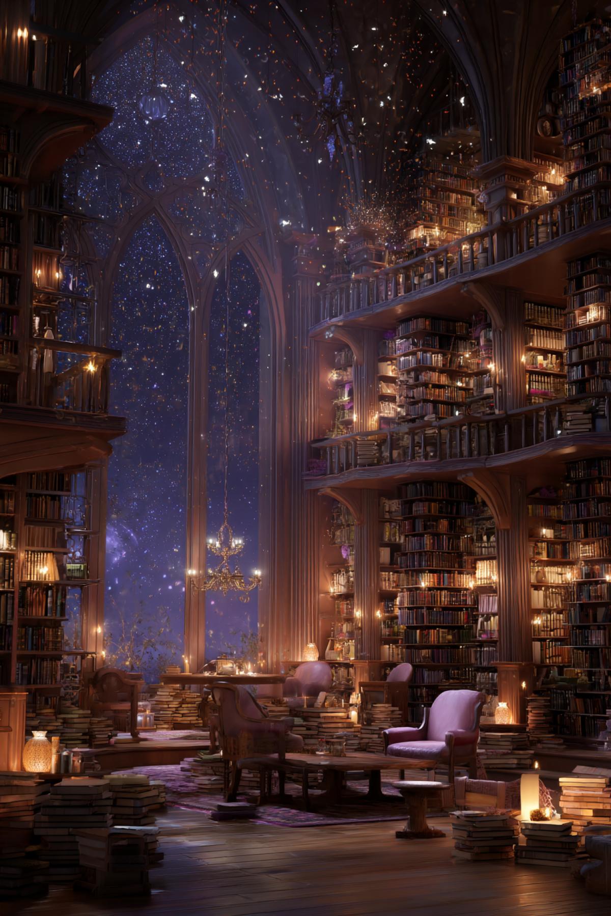living fantasy library where books float mid-air, glowing runes on covers, enchanted oak furniture, magic sparkles in the air, arched windows showing starlit sky, warm candlelight, dreamy and mystical ambiance