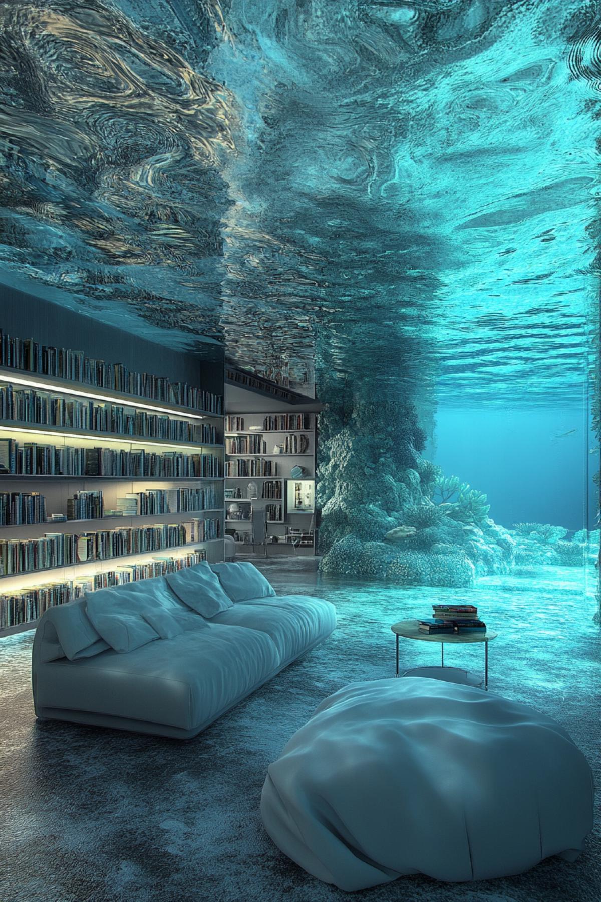 Glass library underwater. Modern interior, design.