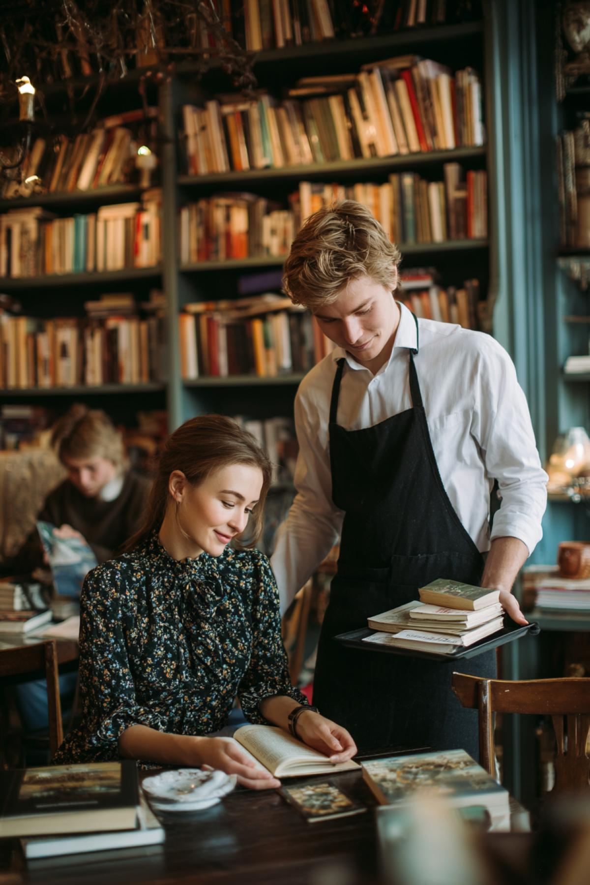 Young beautiful couple at table of cafe reading menu waiter standing nearby pack of several books on his tray bookshelves all around books on tables visitors reading books --no dishes