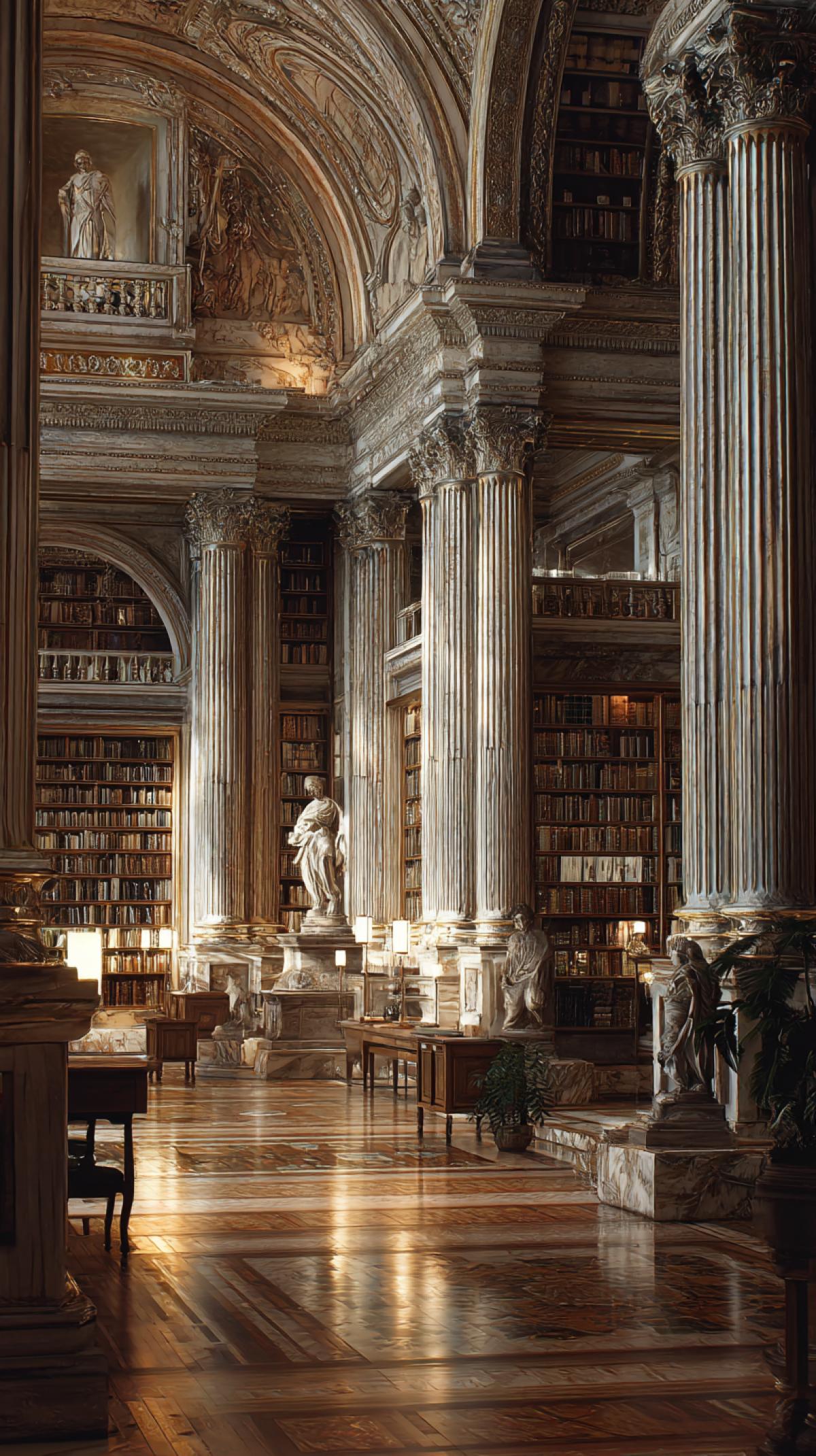 in a big Roman library with columns and statues, ultra-hyperrealistic style, photorealism, cinematography