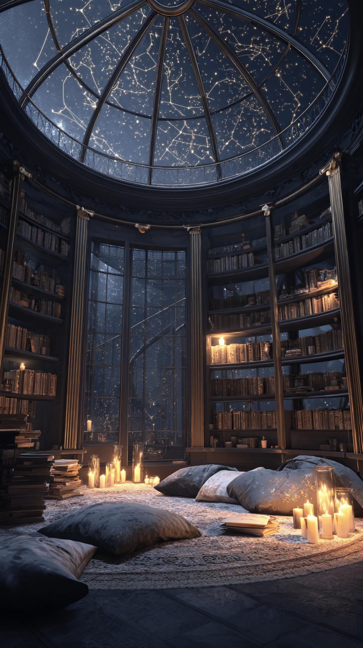 A round reading room with walls of book shelves, the ceiling is a glass dome showing stars and constellations. Cozy pillows on the floor in front of books, open an ancient makeup artist on the floor surrounded by candles. This scene resembles a feeling of a fantasy novel, ideally suitable for Bookstagram cover design with a heavenly dark color palette. Kinematographic