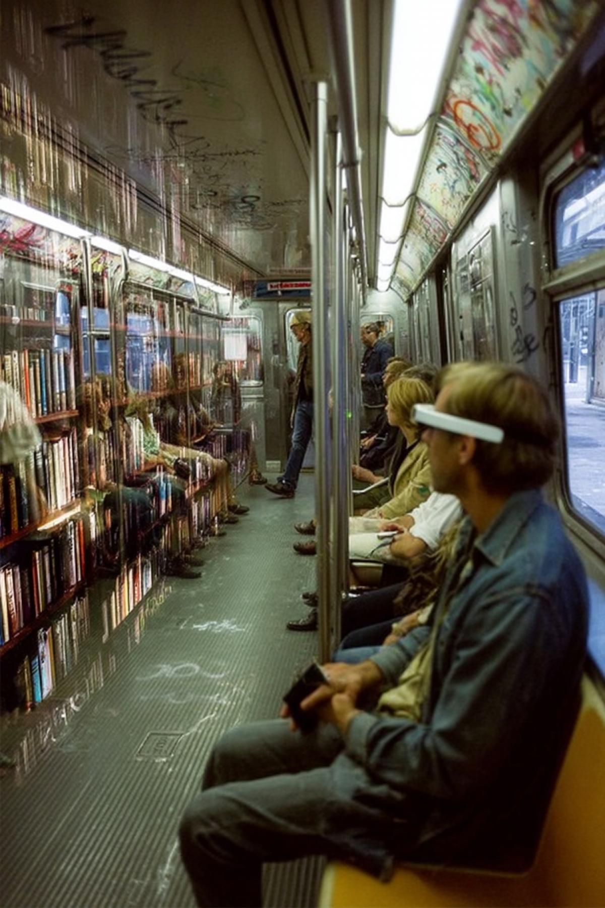 A person in Google Glass is on the metro, watching a hologram of library bookshelvesa blend of realities. So beautiful.