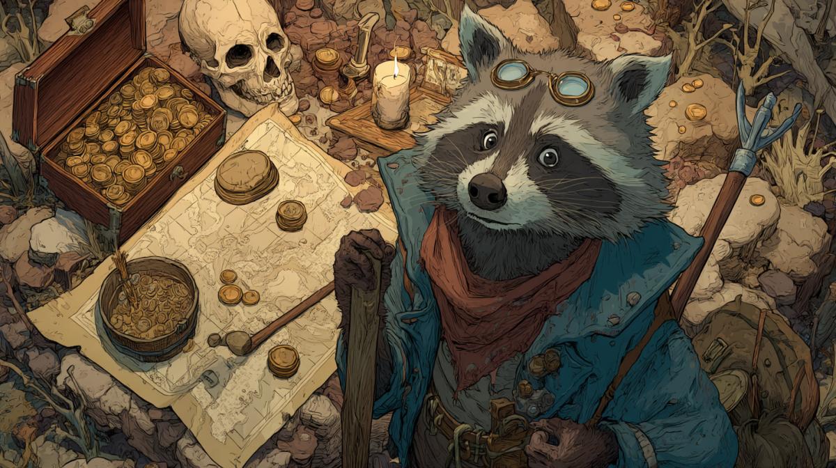 Raccoon traveler is looking for a treasure with gold coins, ruins, a map of treasures, a shovel, a detailed, a skeleton, the picksar style, steampunk