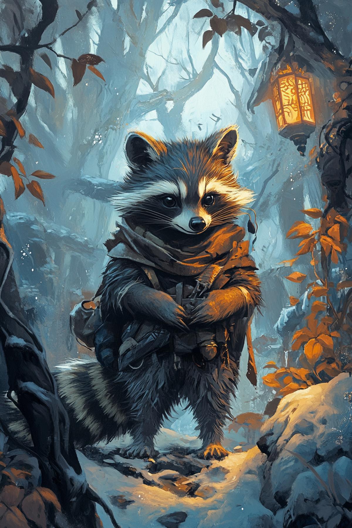 Raccoon-traveler at the time of the study of the unusual corner of the world: it can be a dense tropical forest with the ruins of an ancient temple, the snowy peaks of the mountains or a cozy street of an old European city.