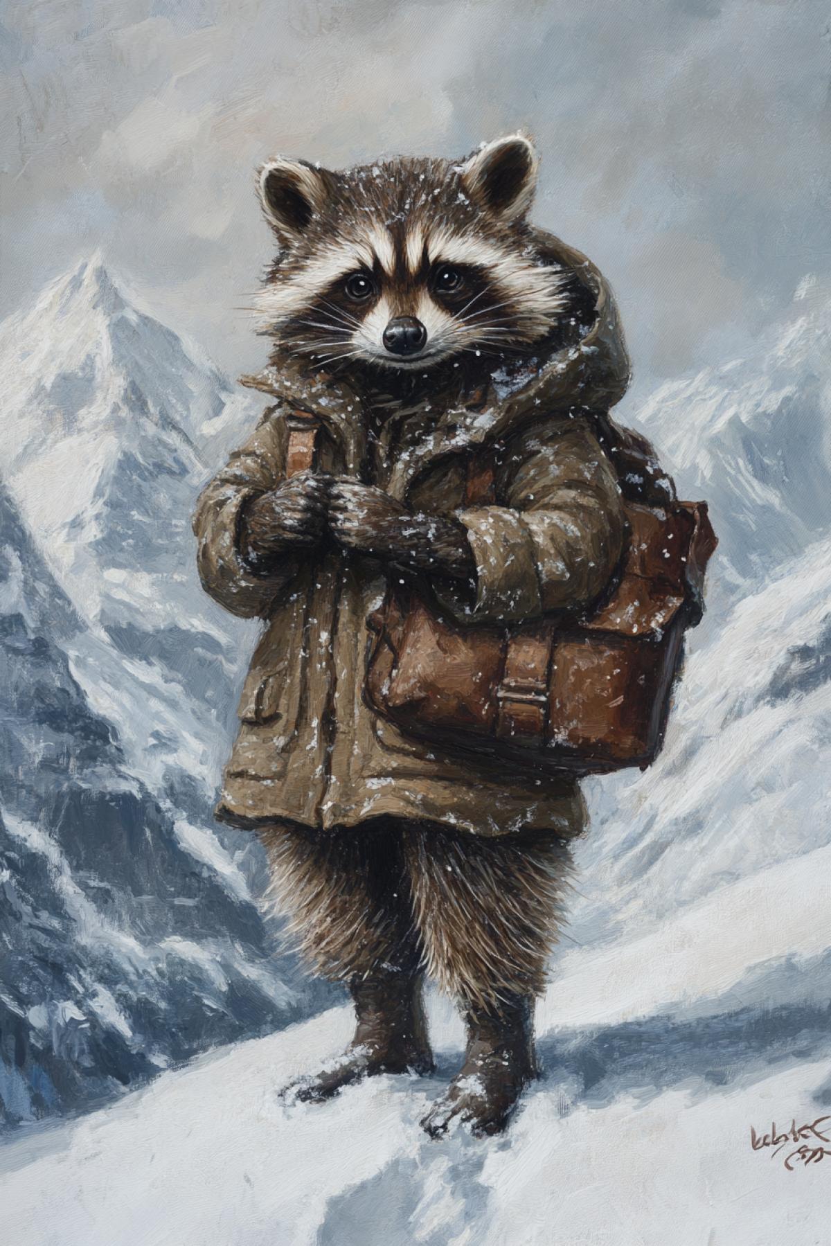 Raccoon traveler studies a new place. He walks along the high snowcovered mountains. Heat is dressed in clothes. Walks on two legs