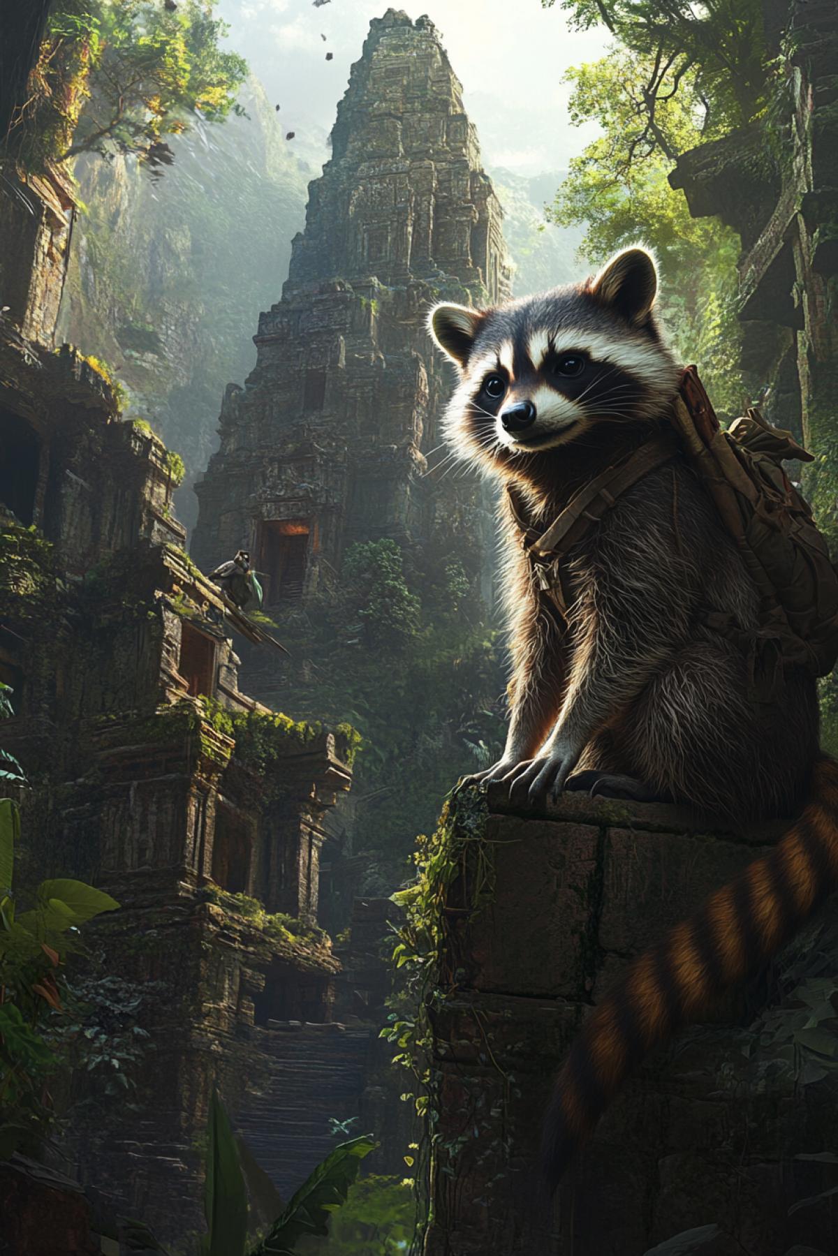 Generate the image of a raccoon traveler at the time of the study of an unusual corner of the world: it can be a dense tropical forest with the ruins of an ancient temple, the snowy peaks of the mountains or a cozy street of an old European city.
