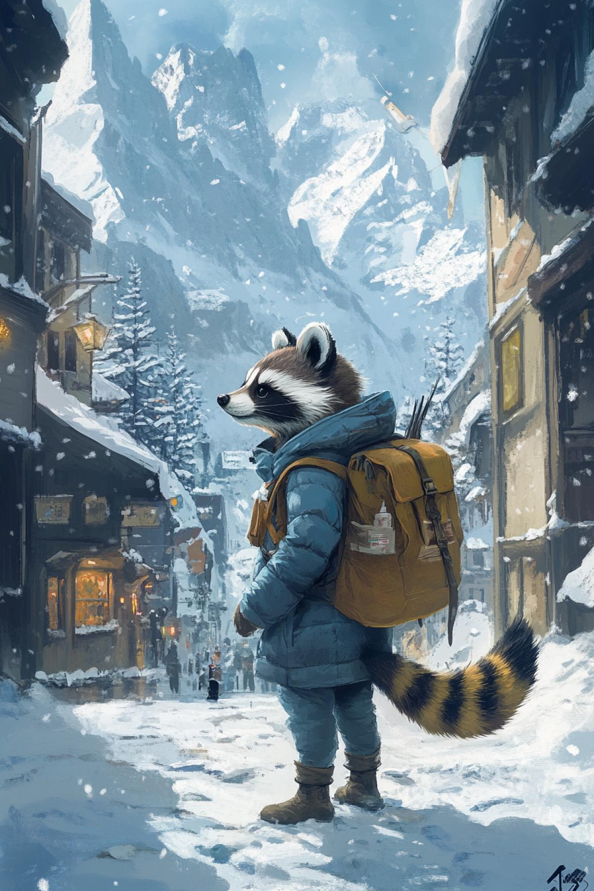 Raccoon traveler at the time of study of the unusual corner of the world: it can be the snowy peaks of the mountains or a cozy street of an old European city.