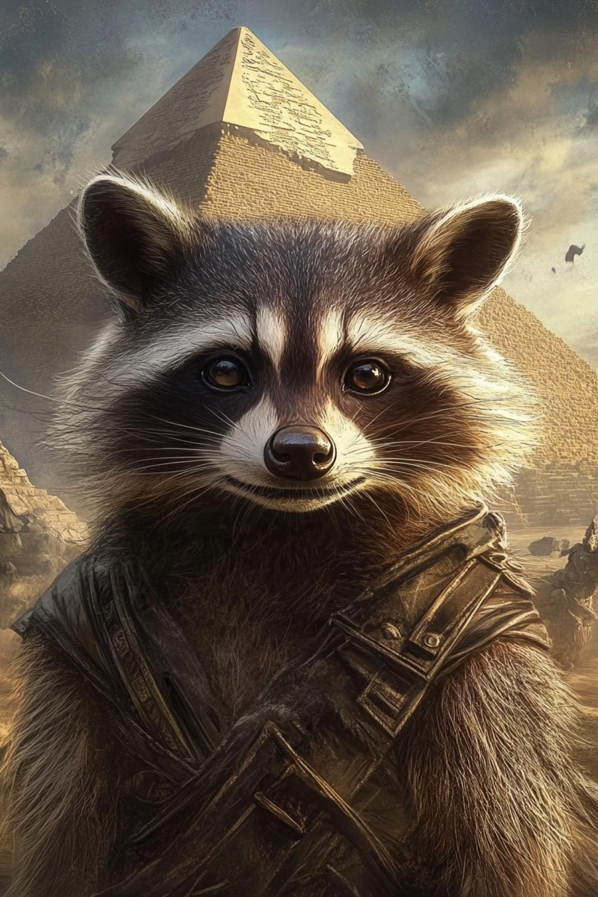 Generate the image of a raccoon traveler at the time of the study of Egyptian pyramids