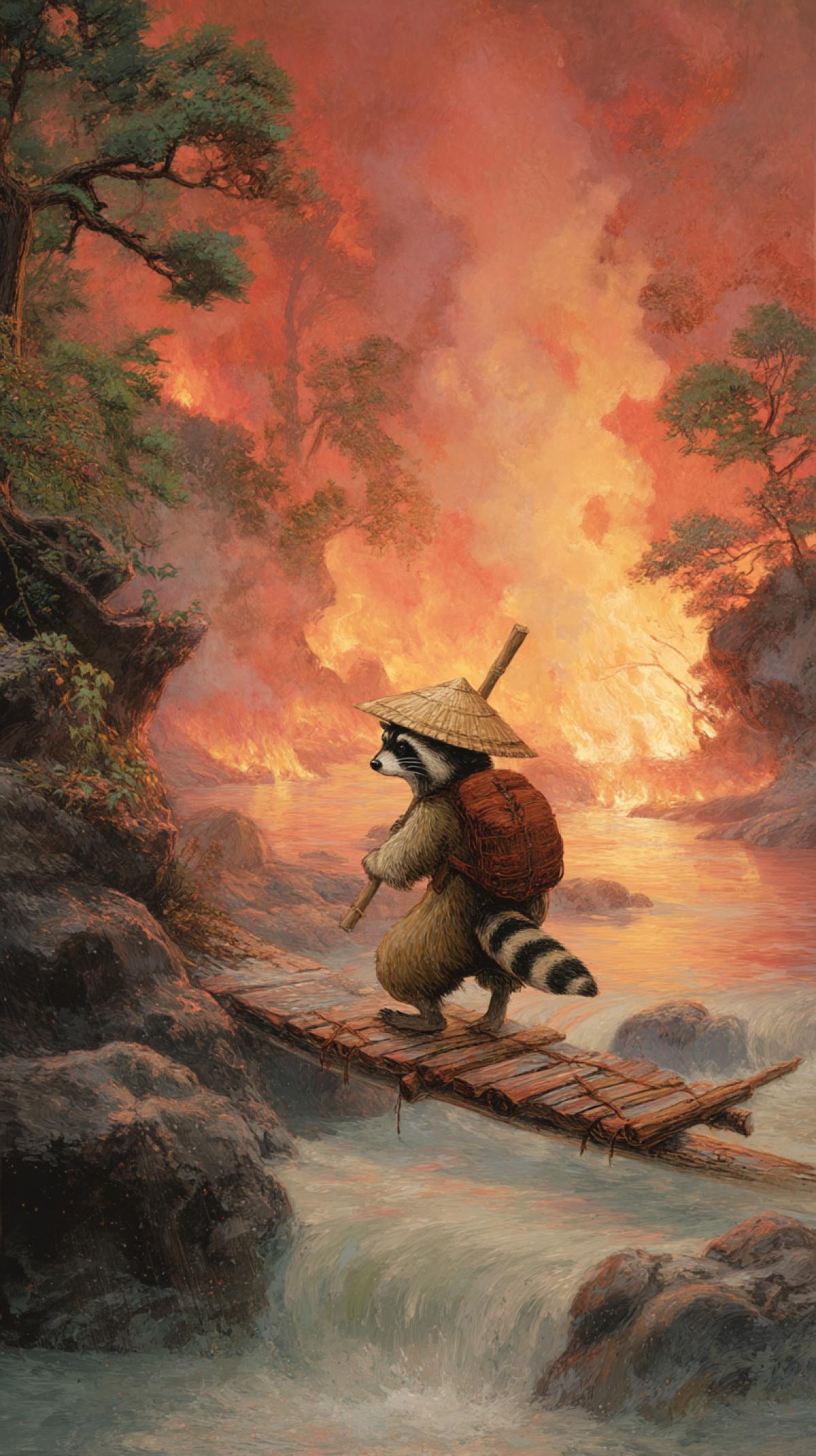 Raccoon traveler crosses the boiling river with a magma on a thin log and hardly holds balance, Japanese painting