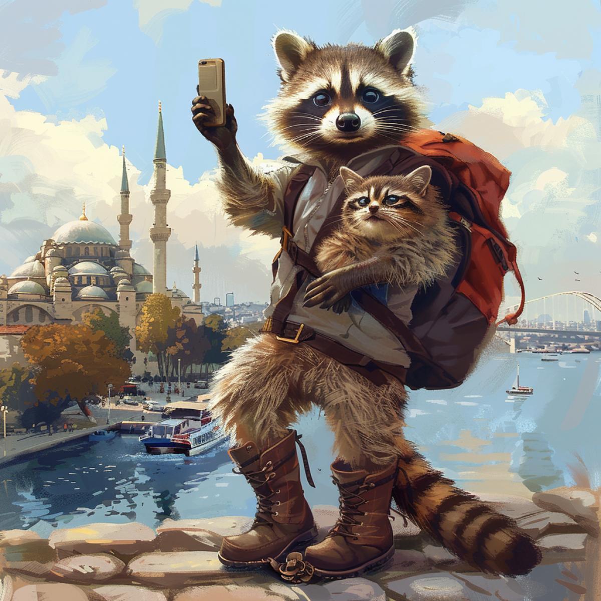 A cheerful raccoon traveler in boots with a backpack in Istanbul, makes a selfie with a cat. Kinematographic.