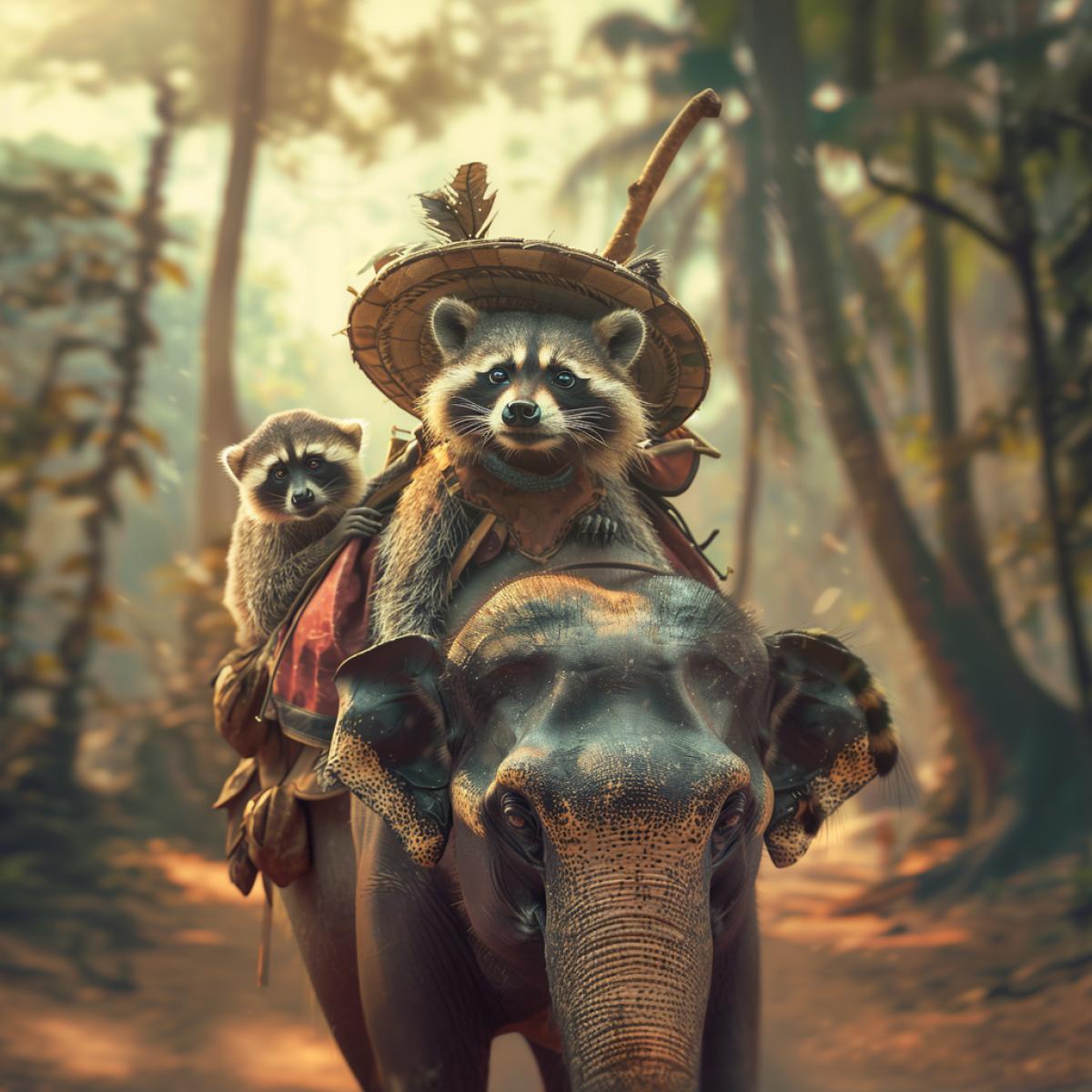 A cheerful raccoon traveler in a fashionable panama with a backpack in Sri Lanka on an elephant with monkeys, cheerful. Kinematographic.