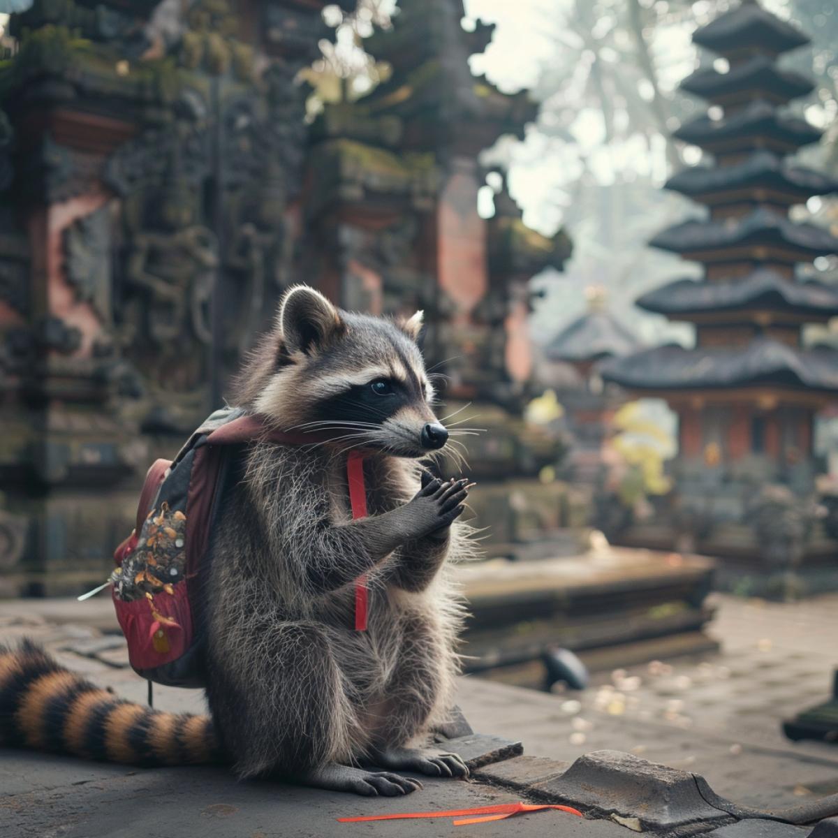 Raccoon traveler with a small backpack, with a red ribbon, prays to God Buddha in the temple in Bali