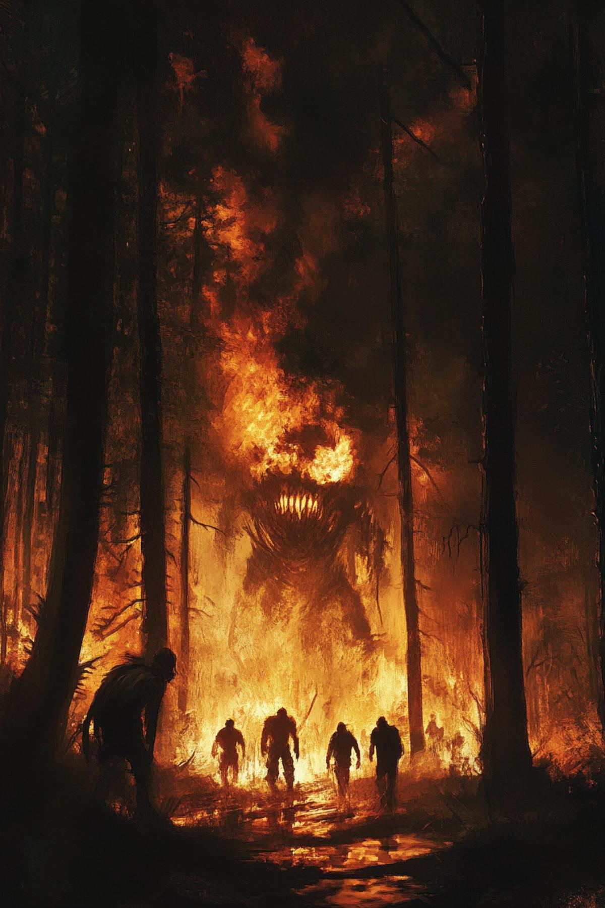 Night gloomy forest, somewhere trees are burning. People run away from the monster. Style Realism