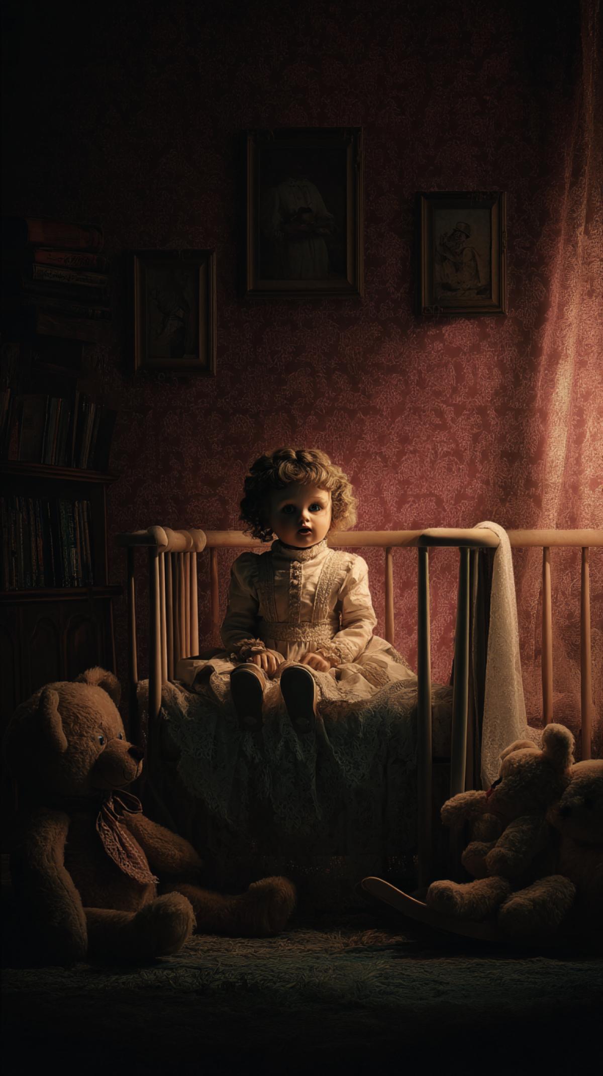 movie poster, horror genre, creepy doll in the nursery, photoshop