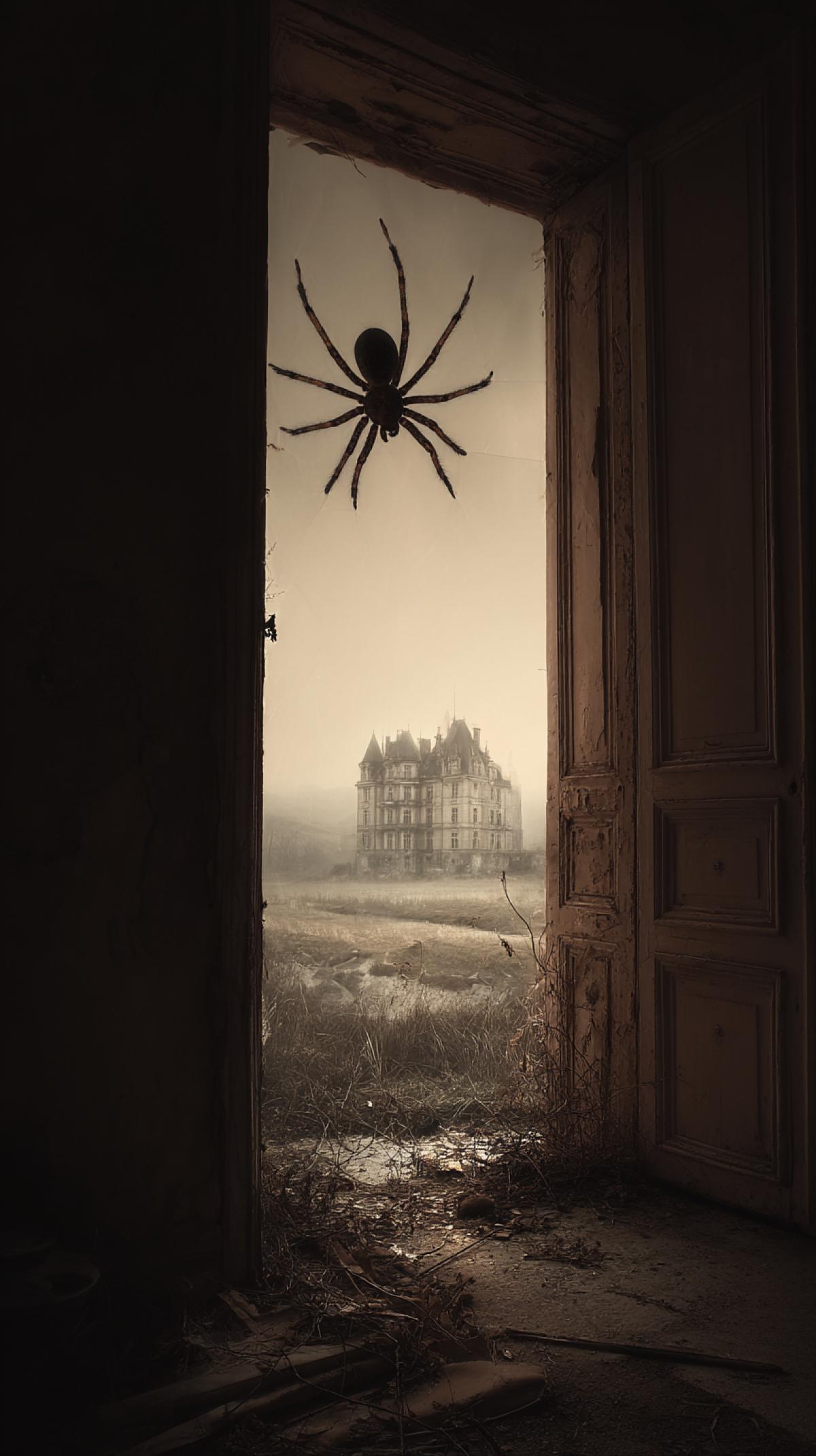 movie poster, horror genre, creepy spider in the corner of an abandoned castle, photoshop