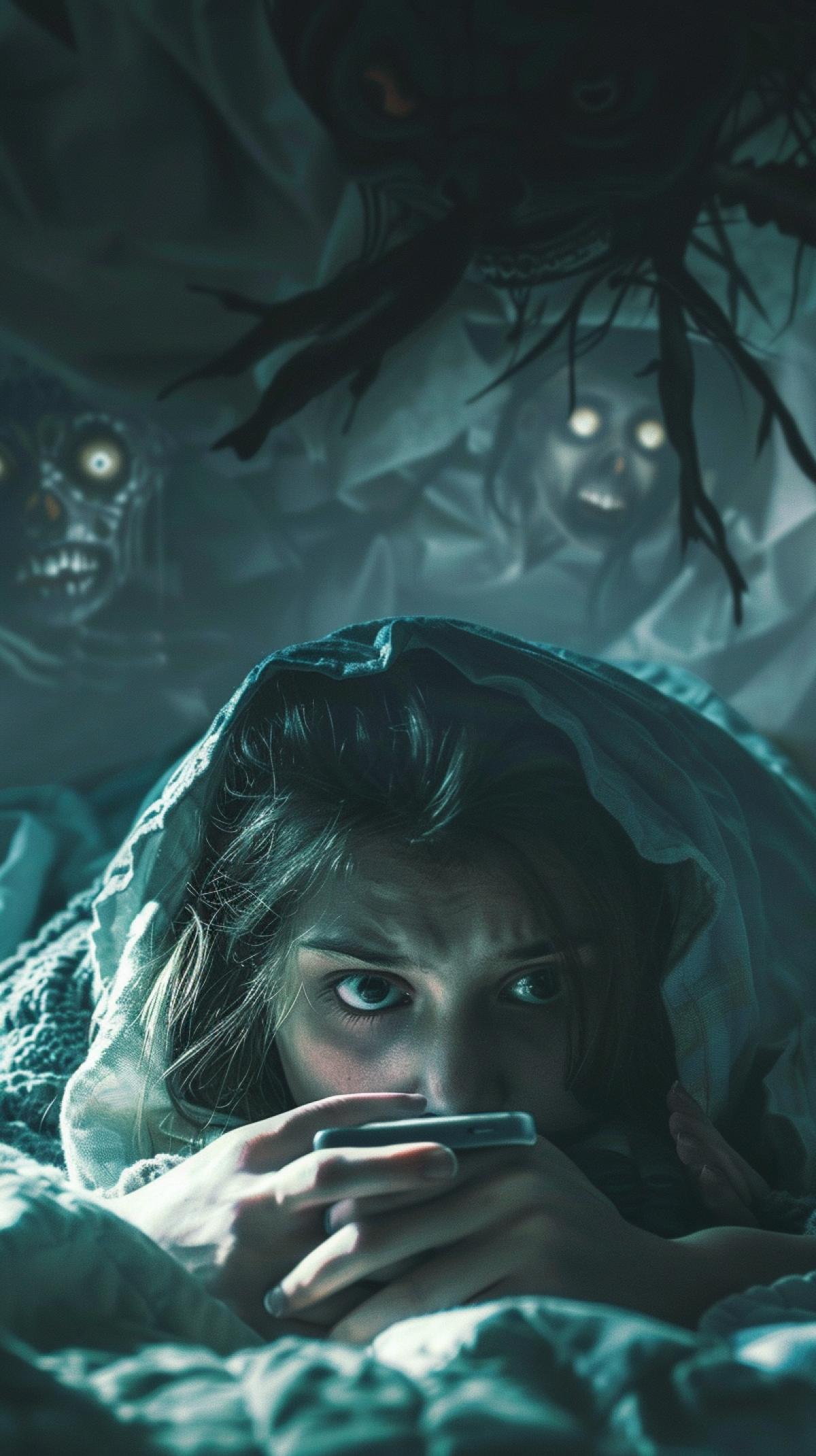 The girl, lying on his stomach under the covers, pokes her finger in a mobile phone, covered on top of her head with a blanket, a dark room, above her behind the faceless monsters, zombies look,. Muffled light, pitch darkness, dark fantasy, airy, unusual, epic, multilevel, horror, terrible, horrors, large