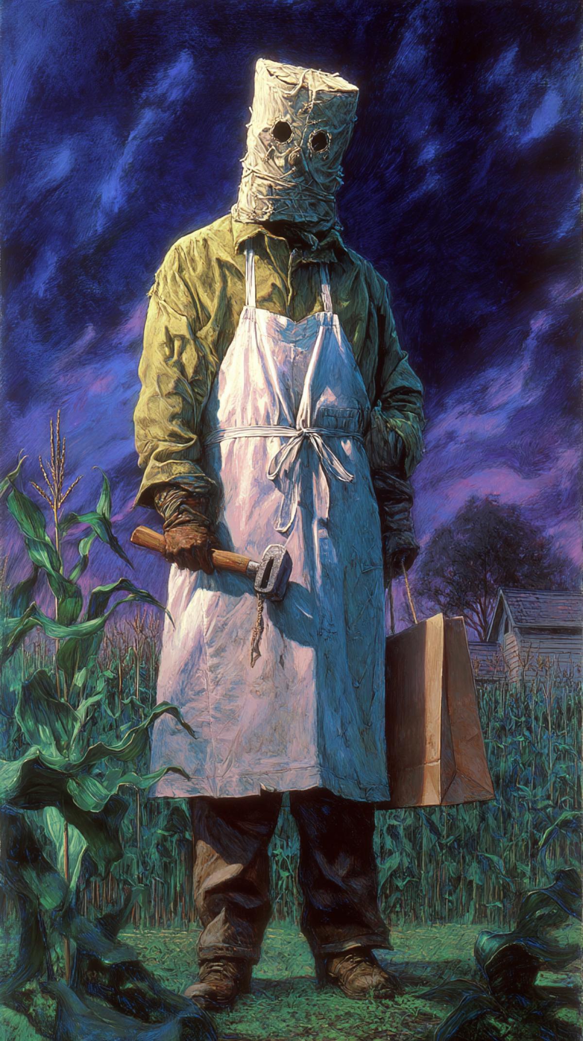 A man in a butchers apron, with a sack-mask on his head, buttons on his eyes instead of eyes, holding a hammer, in the background a farm in the USA, cornfield, dark dark sky, horror style image, 80s horror film poster style image, 80s horror movie poster, night, horror and madness, in by Gerald Brom Keith Thompson, cold colours