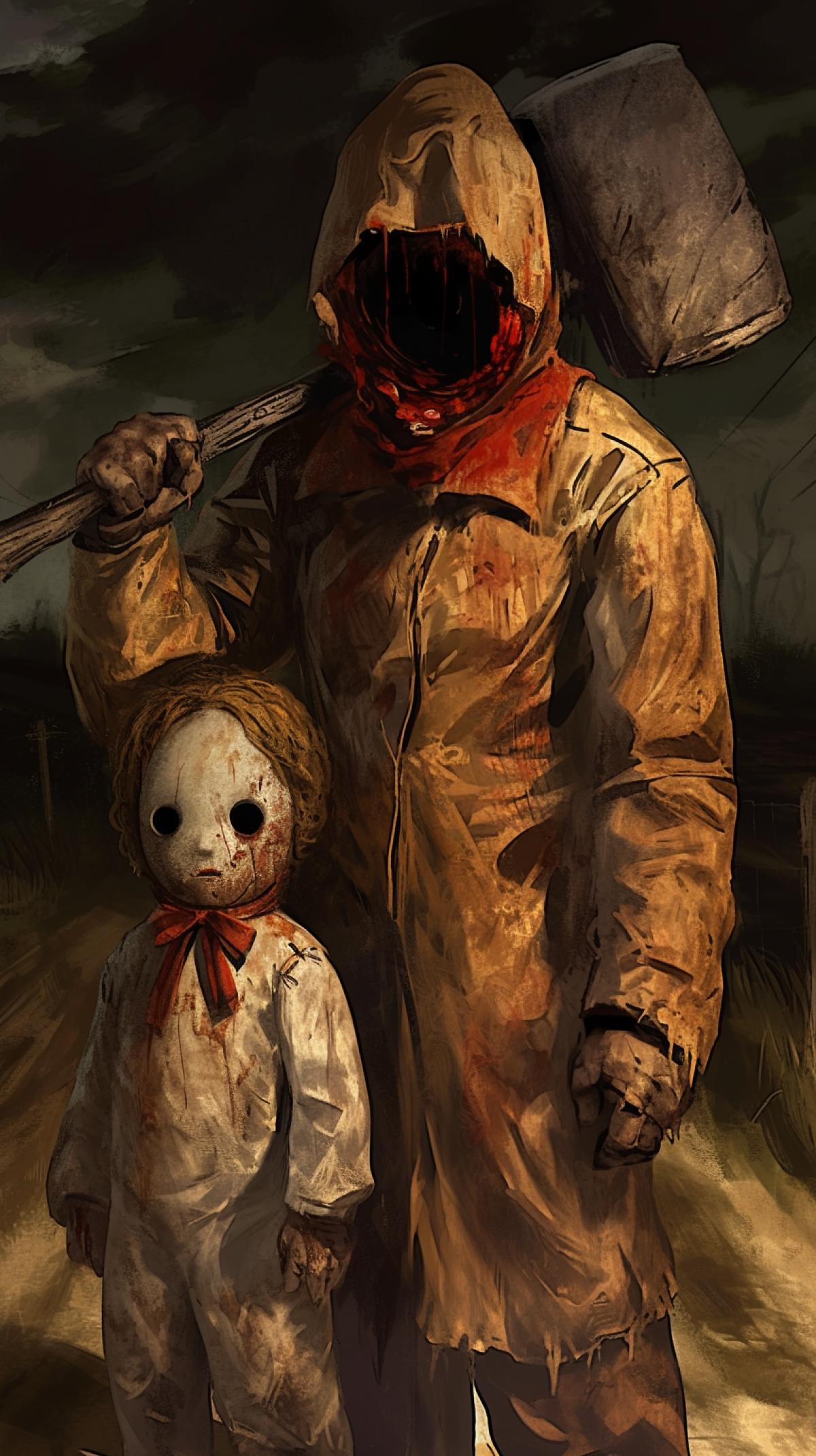 man wearing a mask of a big baby doll, the man is wearing a butchers suit smeared with dark wedge syrup, in his hands the man is holding a big hammer smeared with wedge red juice, horror style, creepy image, background faint light of car headlights, night, dark country road , by Gerald Brom Keith Thompson, close up, front view, high detail environment, high detail image contours, high quality, dark dark sky, horror style image, 80s horror film poster style image, 80s horror movie poster, night, horror and madness, in by Gerald Brom Keith Thompson, cold colours
