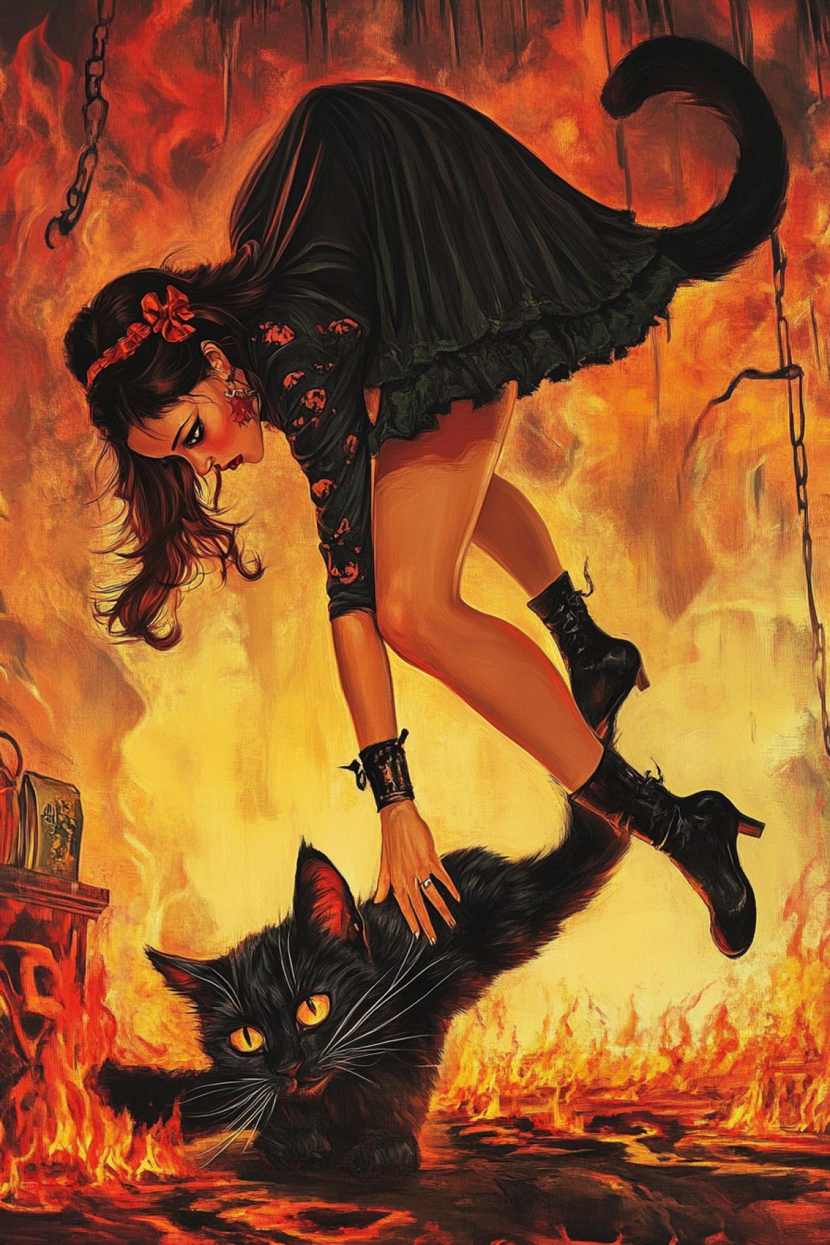 Cat Devil pulls a woman in hell