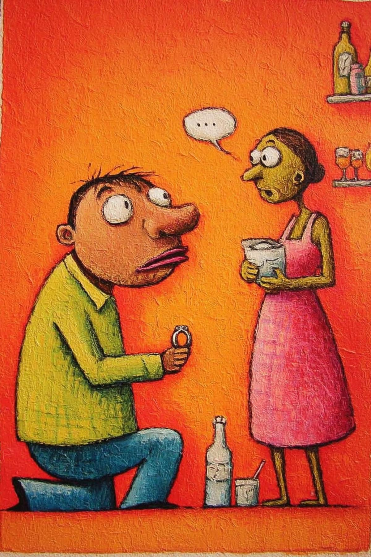 Primitive drawing of making proposal with wedding ring he is on one knee she is surprised bright colours
