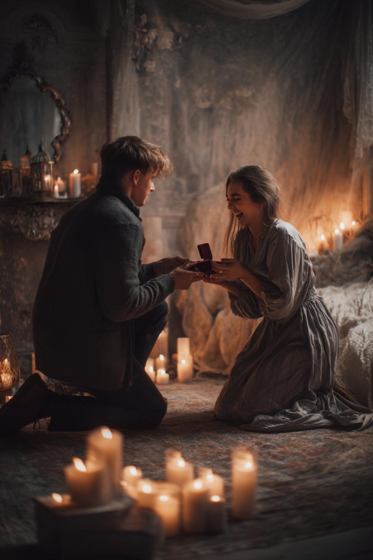 The touching scene of the sentence beautiful young couple, on one knee, holds an open box with a wedding ring, she smiles in surprise and joyfully against the backdrop of a romantic interior everything is forced by a thousand small burning candles