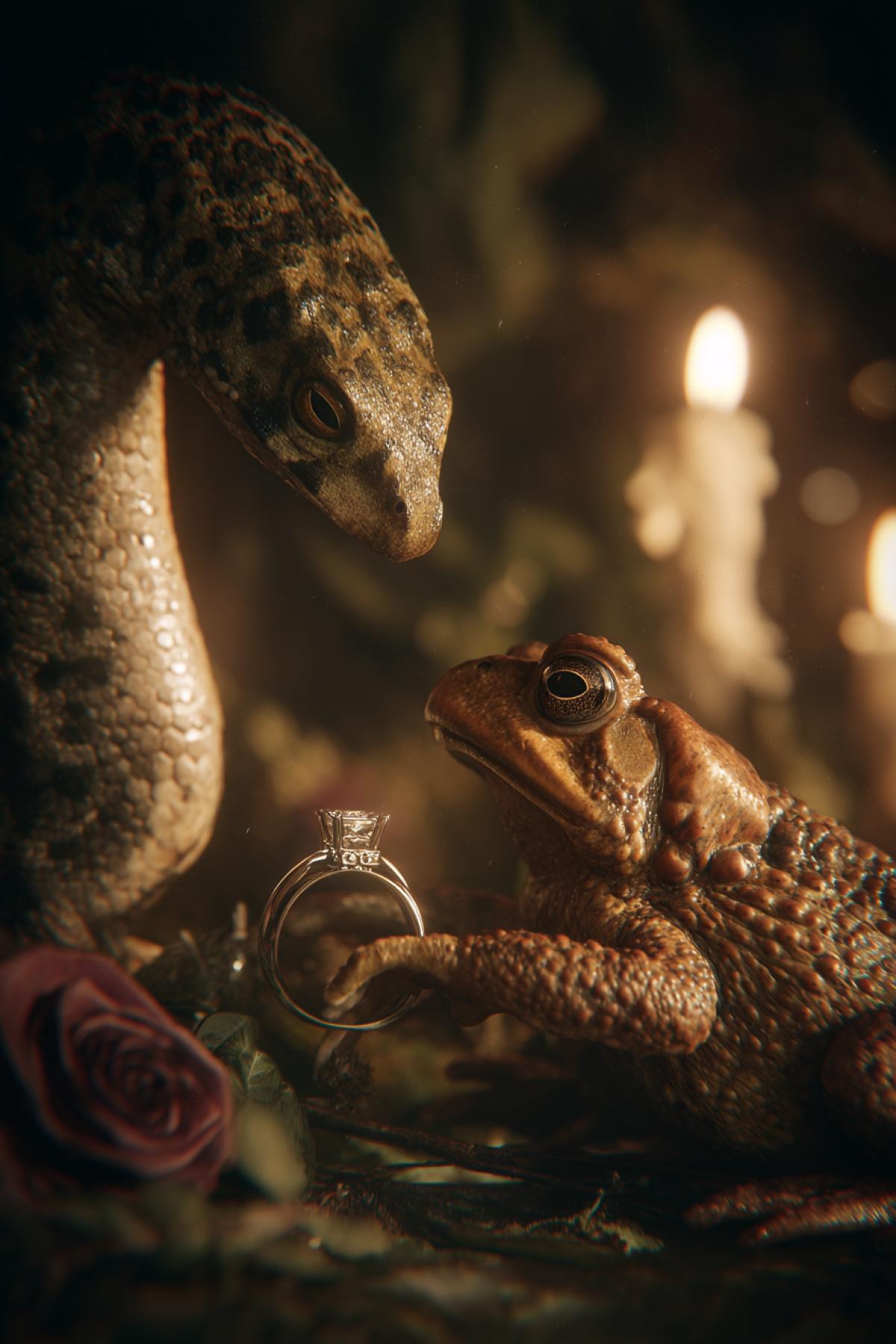 snake 🐍 proposing to female toad 🐸handing wedding ring romantic and mystical atmosphere ironic art