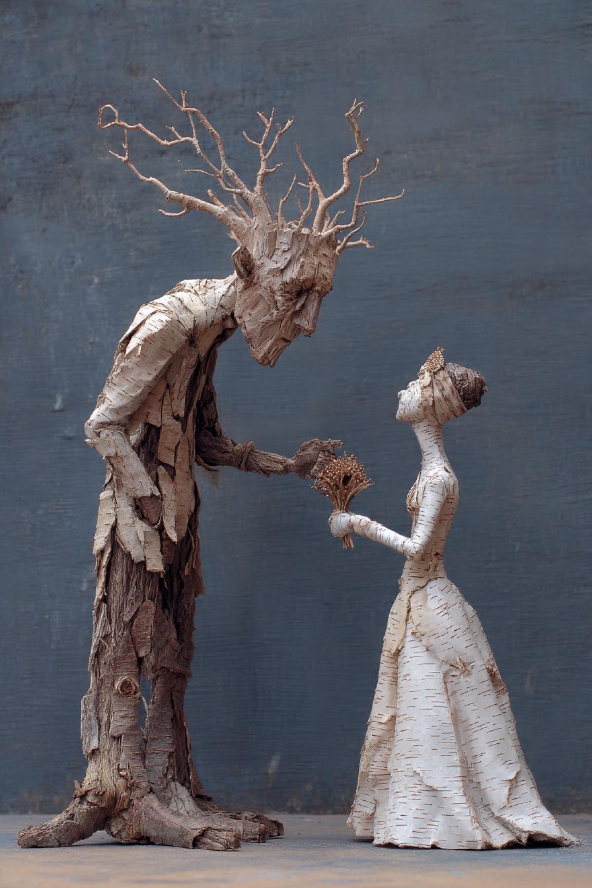 Old Anthropomorphized Oak-Tree Making Proposal to Young Graceful Female Anthropomorphized Birch-Tree Handing to Her Wedding Romantic ART. White birch . I love you. Extend a branch for me. White is your white . Without love and affection. I disappear. White birch . You are my love