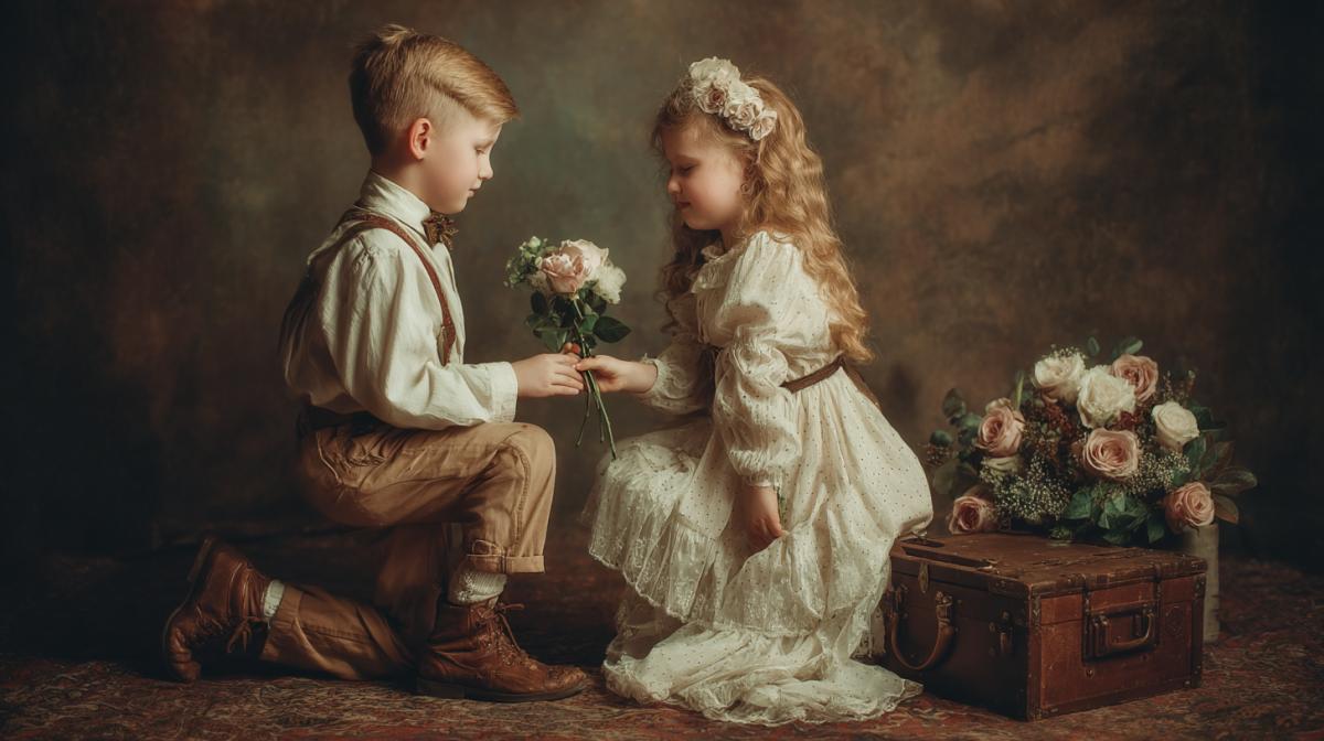 The boy stands on the knee gives the girl a ring and flowers, childrens engagement, a vintage photo, beautiful outfits, style of 20 years