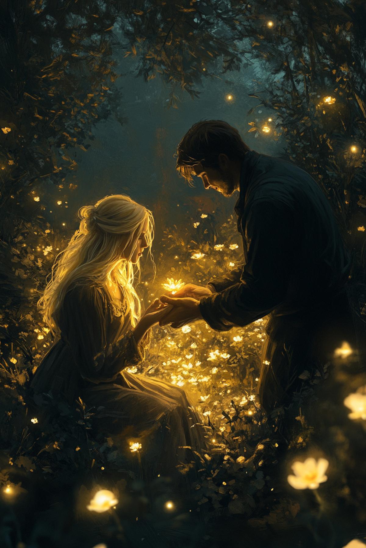 A man makes an offer to a blonde, in the garden, bright lights