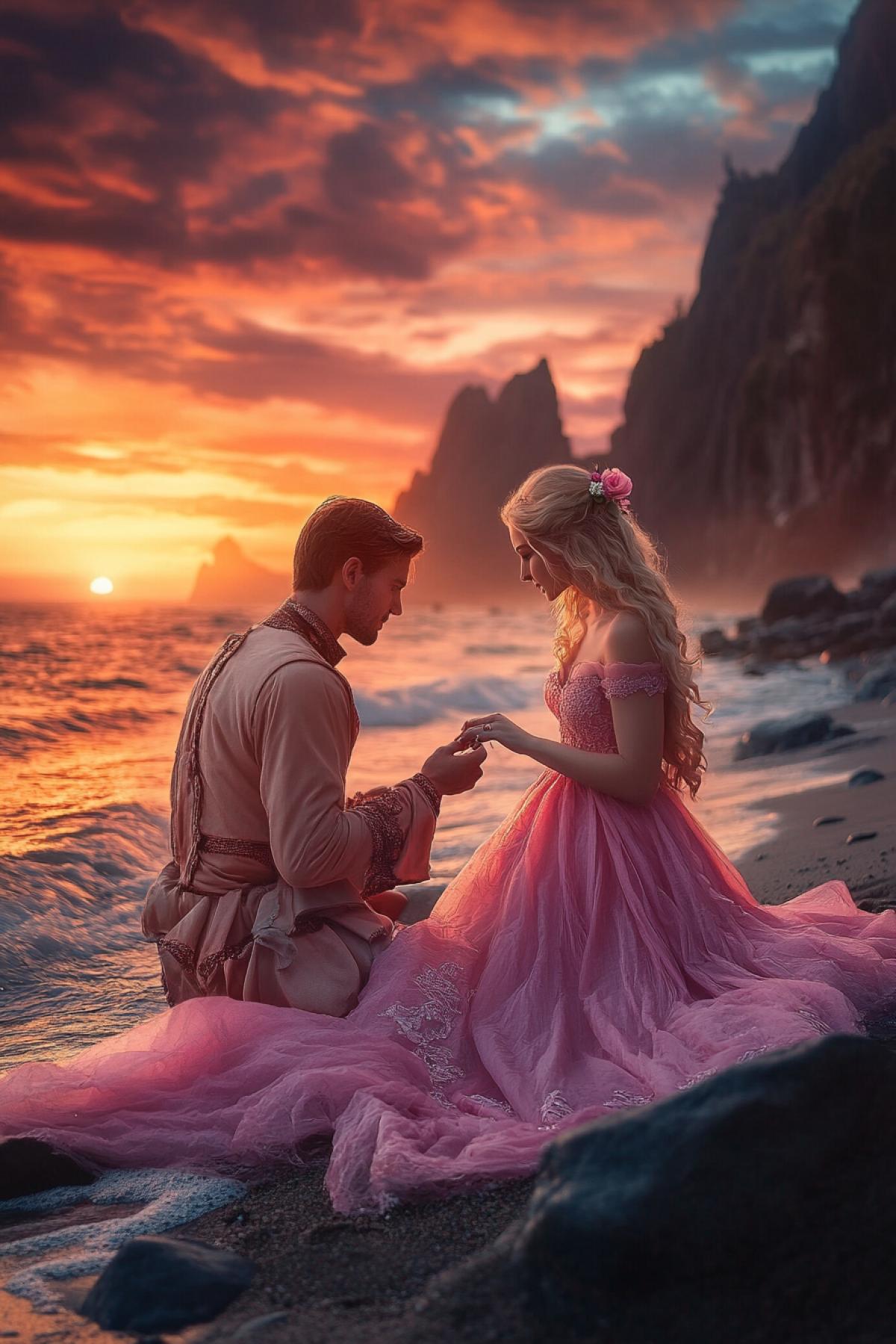 Against the background of sunset and mountains, on the shore of the ocean, a man makes an offer with the ring of his lover. Girl blonde in a pink dress and with a flower in her hair