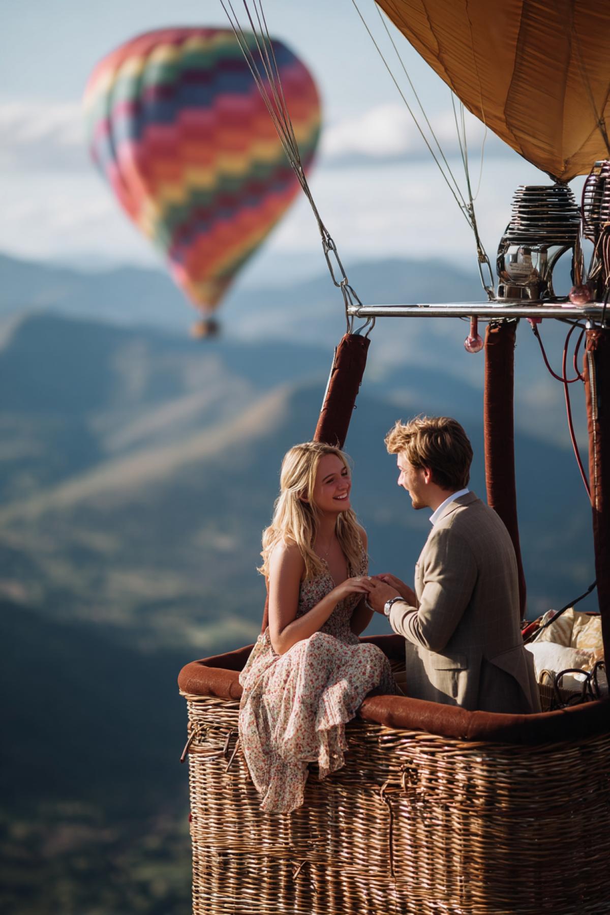 The young couple in love in the gandola in a balloon above the mountainous terrain high in the sky Blue sky, he makes her a proposal and gives the wedding ring both happy