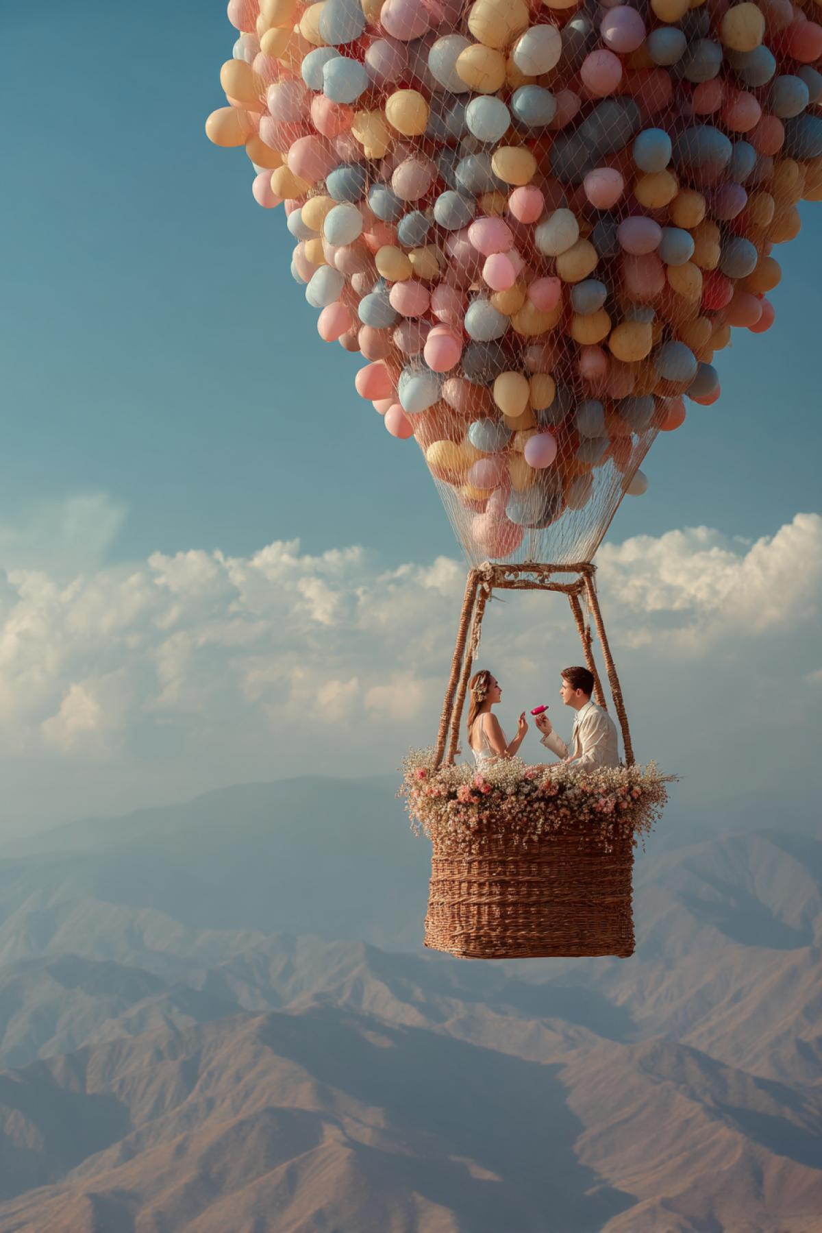 The young couple in love in the gandola in a balloon above the mountainous terrain high in the sky Blue sky, he makes her a proposal and gives the wedding ring both happy