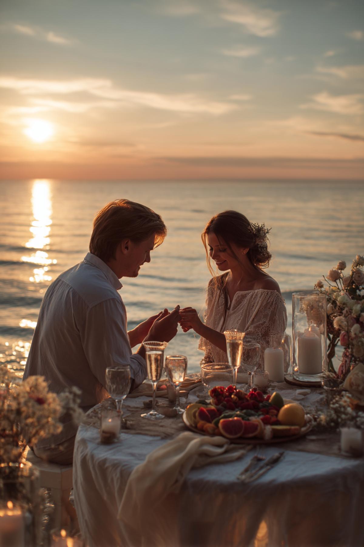 In love young pair behind a single table on the seashore in the sunset, he makes an offer gives her engagement ring the table served champagne fruit glasses candle flowers both happy rings with a diamond