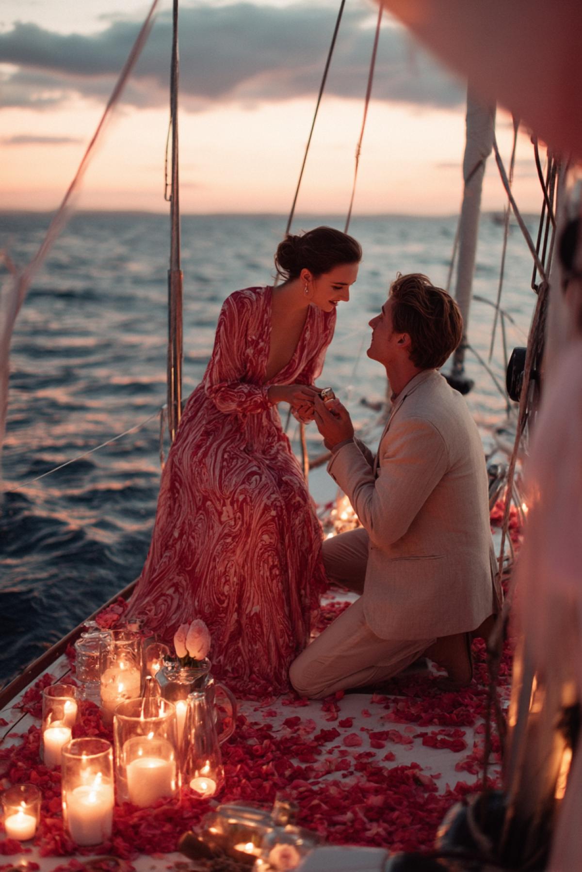 romance. Battle and heart proposal on a yacht