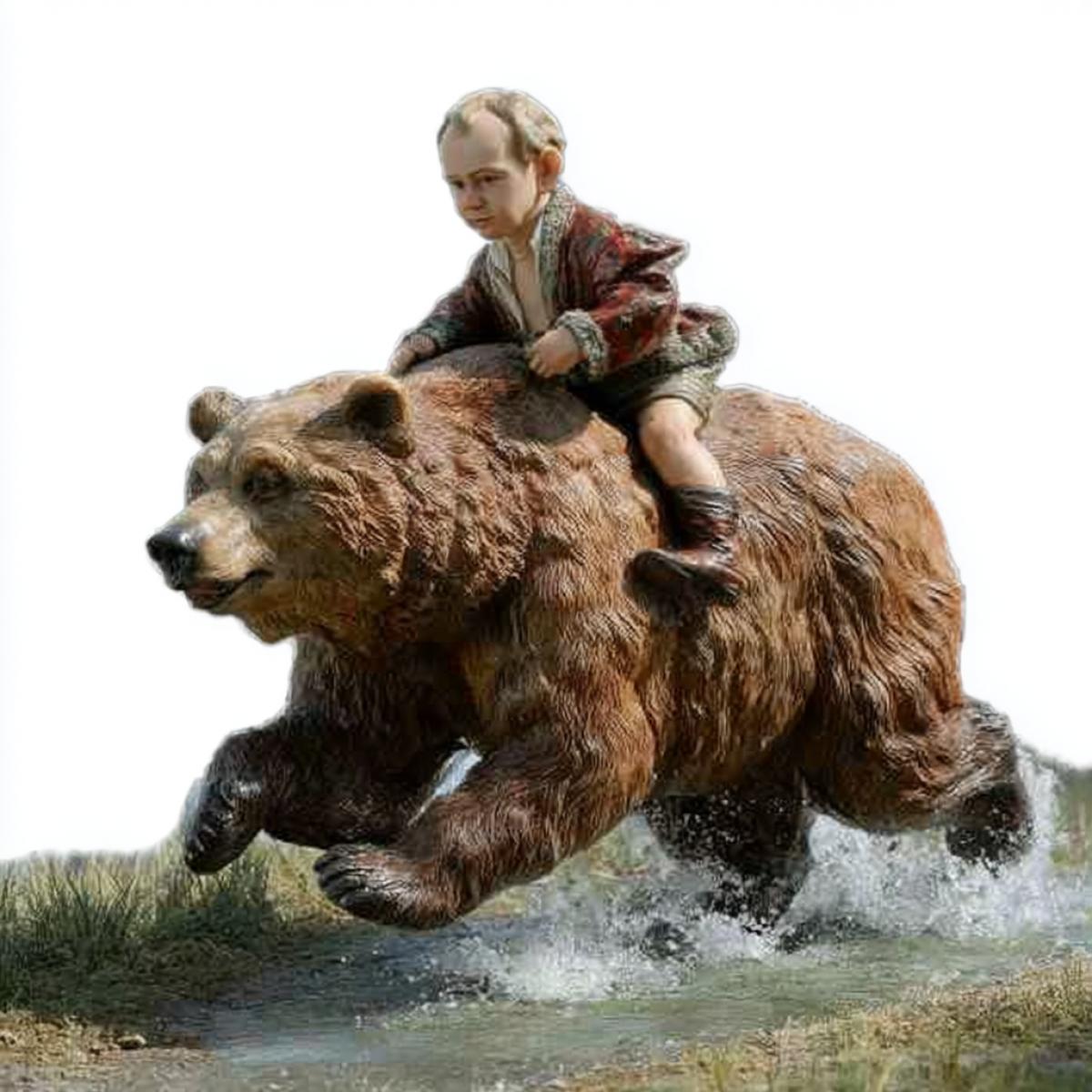 A very solemn but sweet little child is galloping atop a bear.