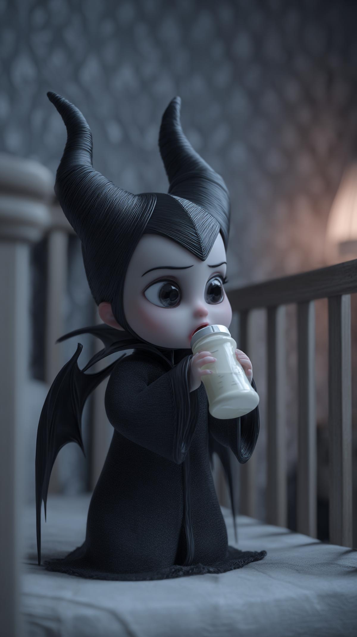 baby Maleficent, Maleficent as a child, cute and charming baby Maleficent in a baby and with a bottle of milk, in a crib, 3d rendering of Disney