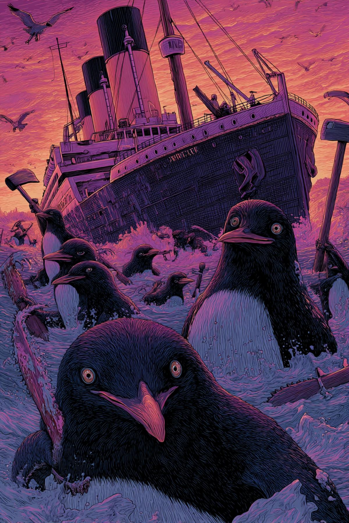 Twelve angry big 10-feet-high penguins armed with axes and chainsaws crazy eyes destroying the drowning broken \"TITANIC\" vessel all aboard chopping with axes and sawing with chainsaws close-up view late evening sunset contrast epic art