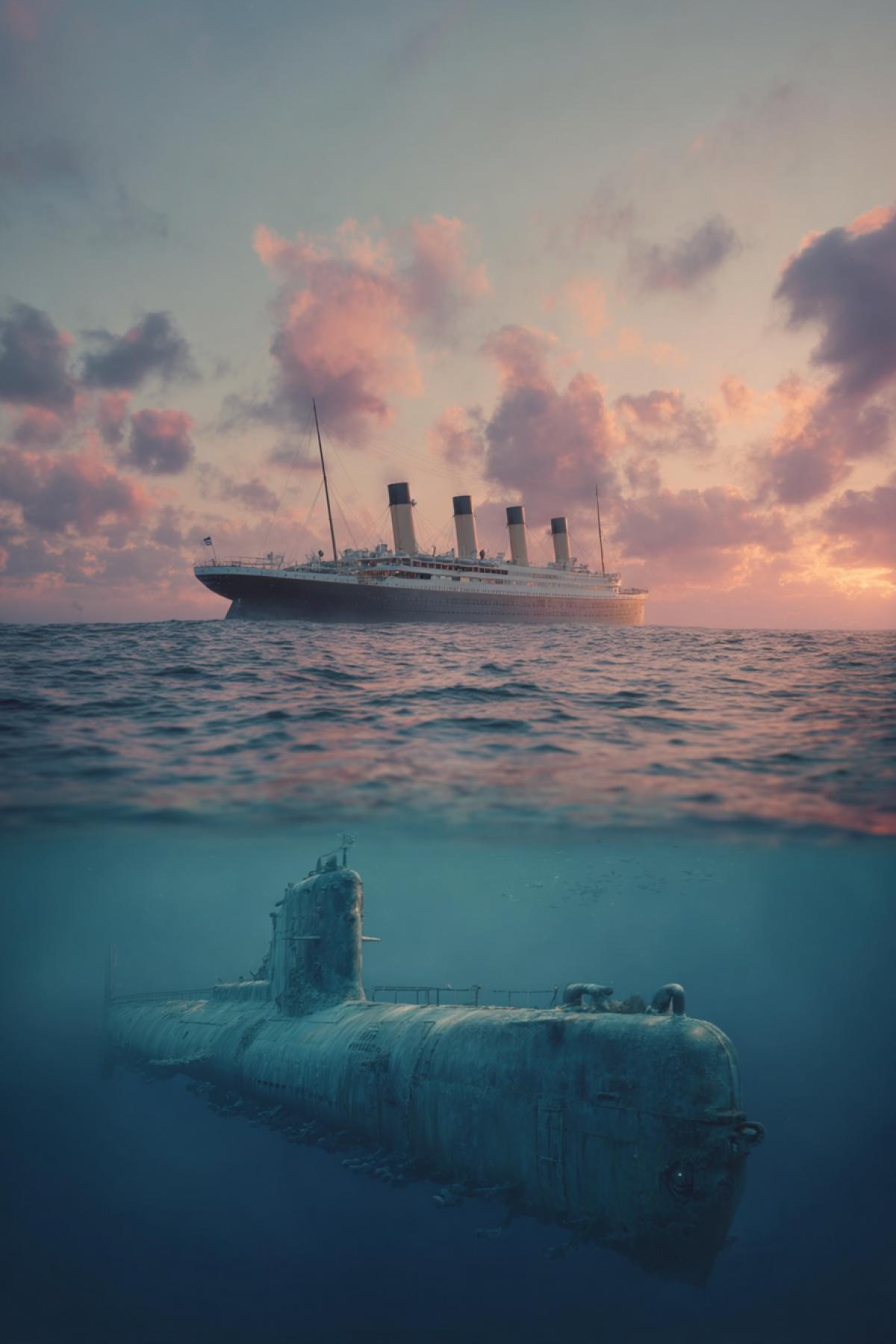 Ocean. In the foreground is a submarine going underwater. Far in the background sinking Titanic. Late evening.