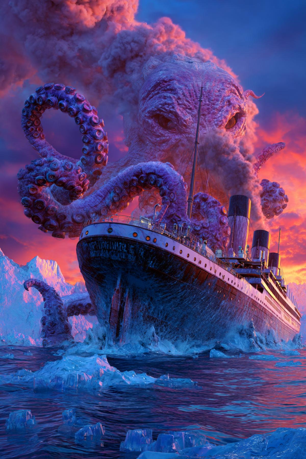 big enormous monstrous octopus breaks down the \"TITANIC\" vessel and drowning it under the sea sunset polar ice around high contrast bright colours shocking epic art
