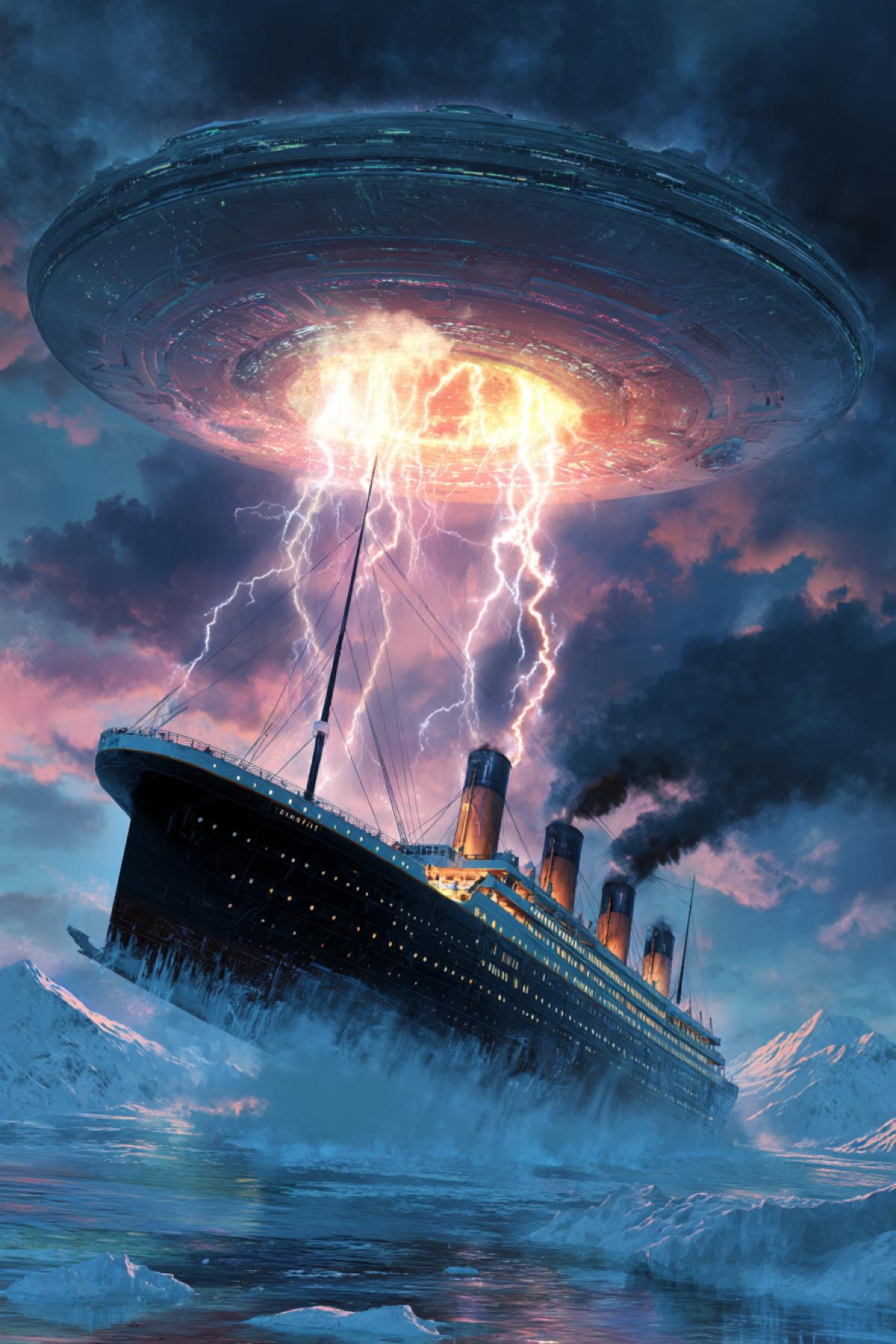 frightening flying saucer sending lightening over the just broken and drowning \"TITANIC\" four-chimney vessel on the background of sea sunset and icebergs bright colours high contrast close-up low view epic shocking art