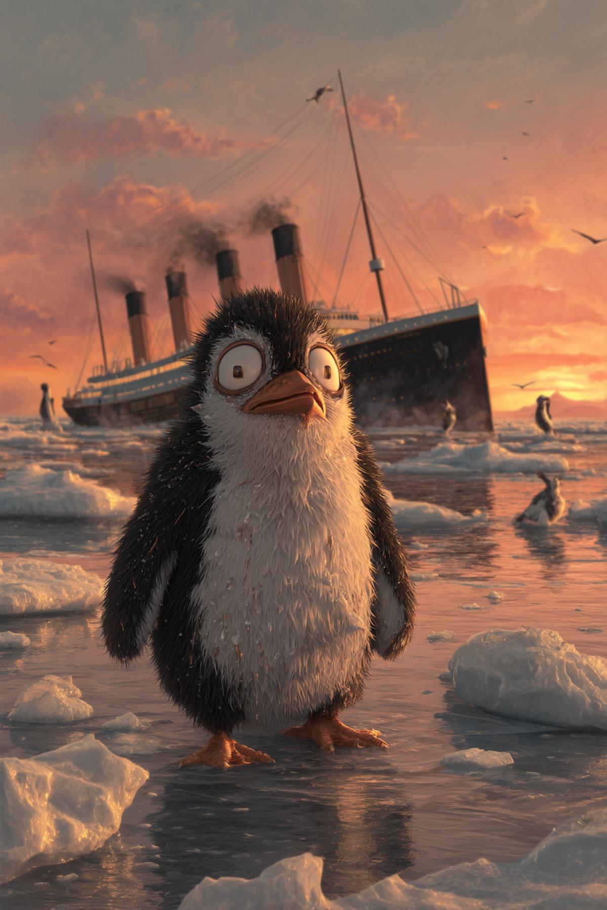 A penguin who was fierce with terrified eyes in shock from an ice floe is observed by a sinking fourpipe ship upstairs Titanic on the background of sunset in the sea