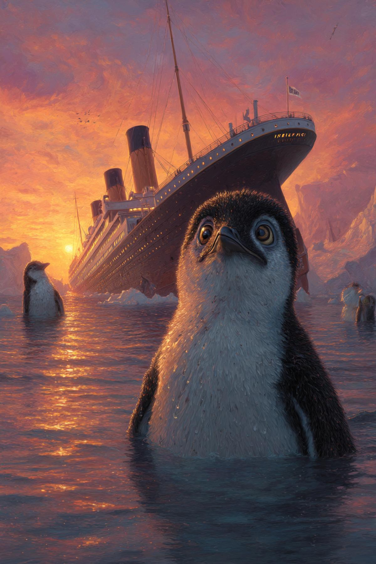 A penguin, fierce with frightened eyes, is watched by a sinking ship upwards with a Titanic stern against the background of sunset in the sea