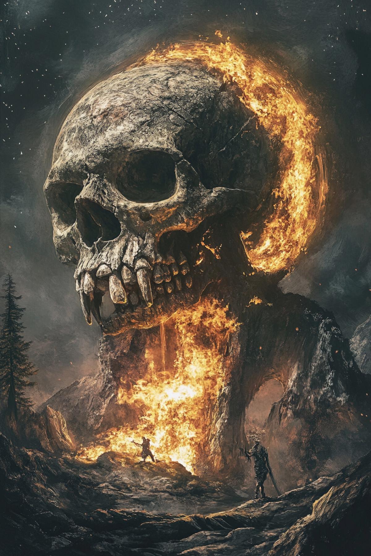 A large burning skull weighs on the neck of a big beast. Art image