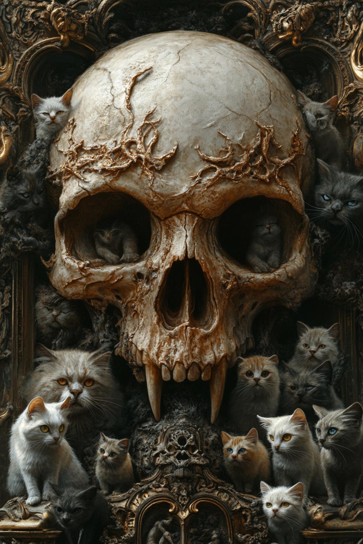 A big skull of a cat in the center, around the skull cats worship him