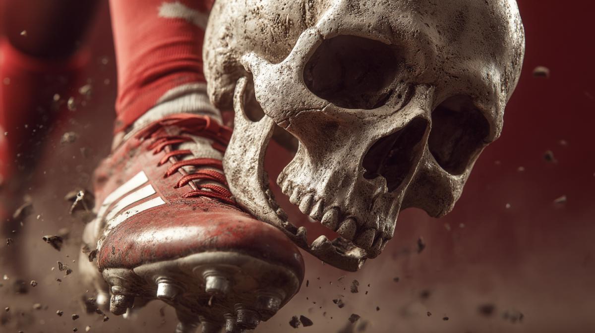 Football players foot kicks the skull, closeup