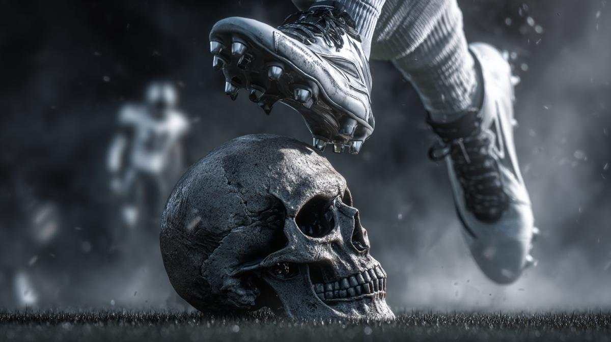 Football players foot kicks the skull, closeup