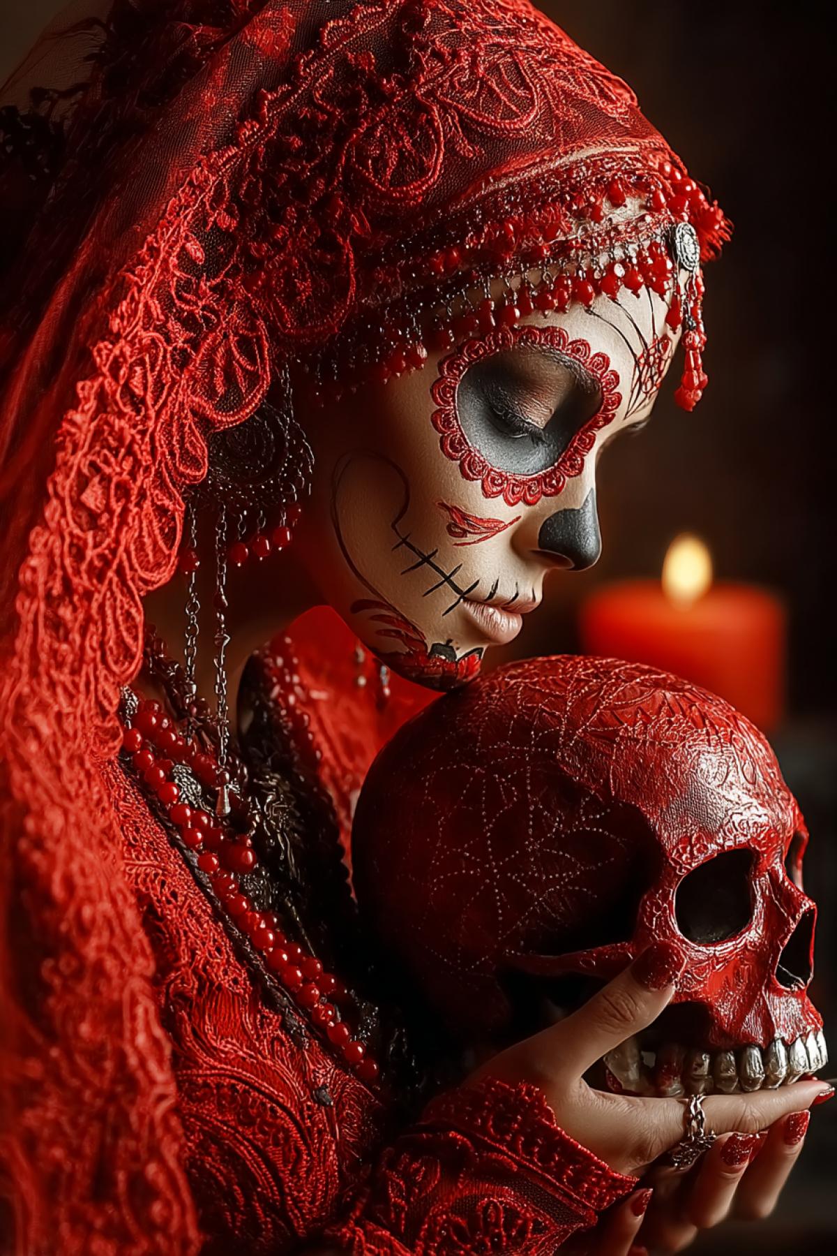 Day of the Dead. El Día de Muertos. Portrait of a beautiful young Mexican woman, with a skull on her face. Very detailed photo. Mysterious candle lighting.