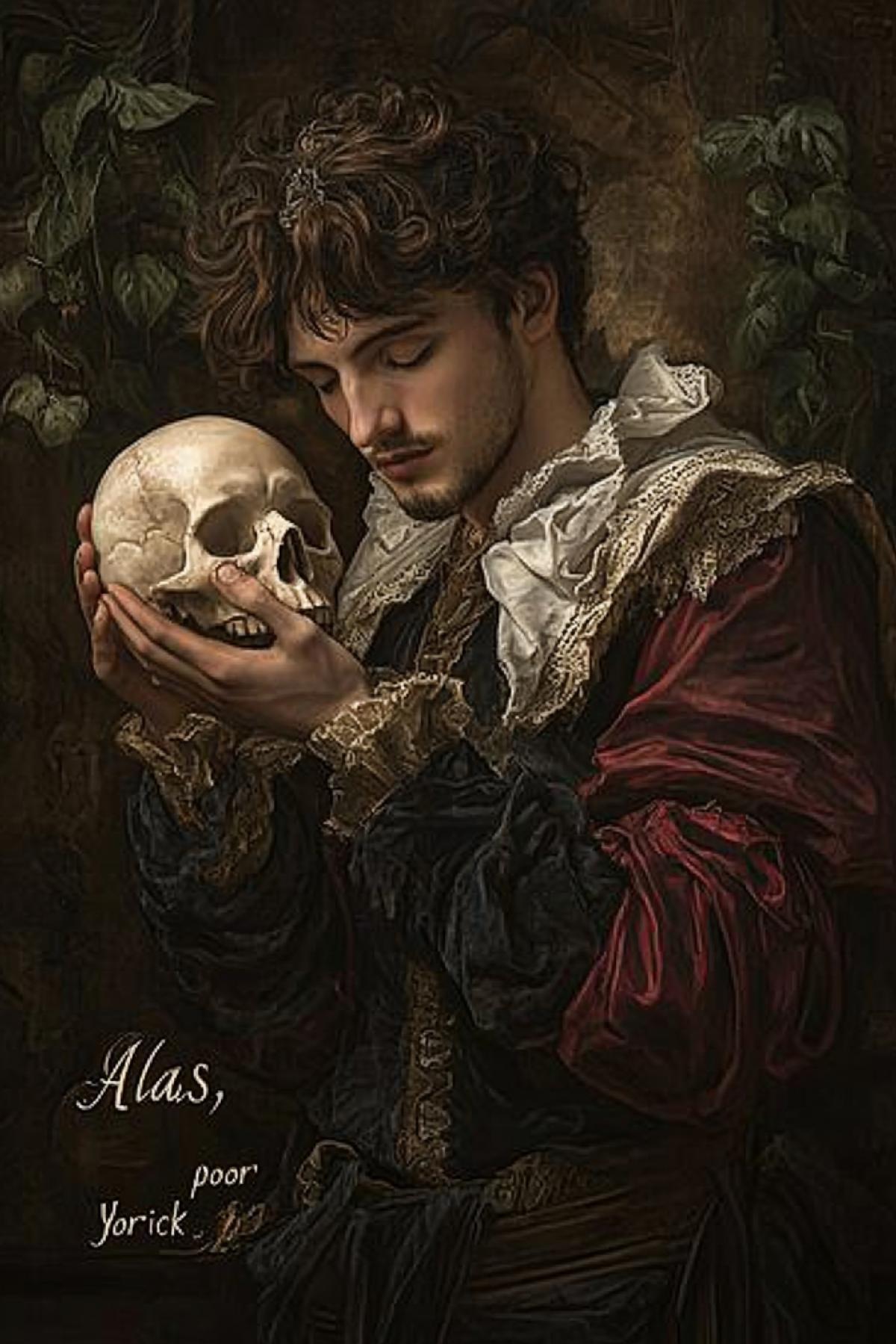 Medieval fat 30yo handsome prince holding human skull looking at it \"Alas, poor Yorick\" text below on the background of cemetery Caravaggio style art