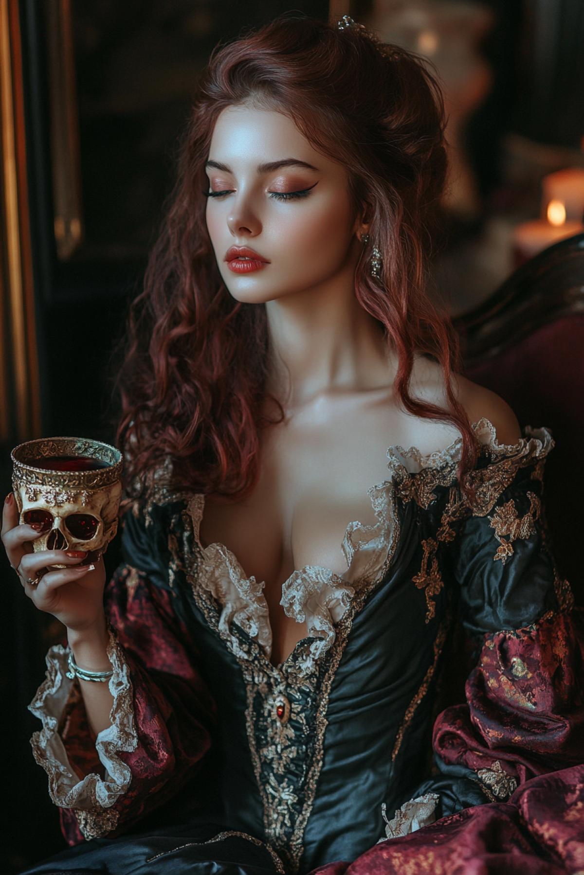 Extremely beautiful 25yo girl luxury luxury in gloomy interior of Satans Ball holding human skull shape cup full of red wine Gainsborough style art