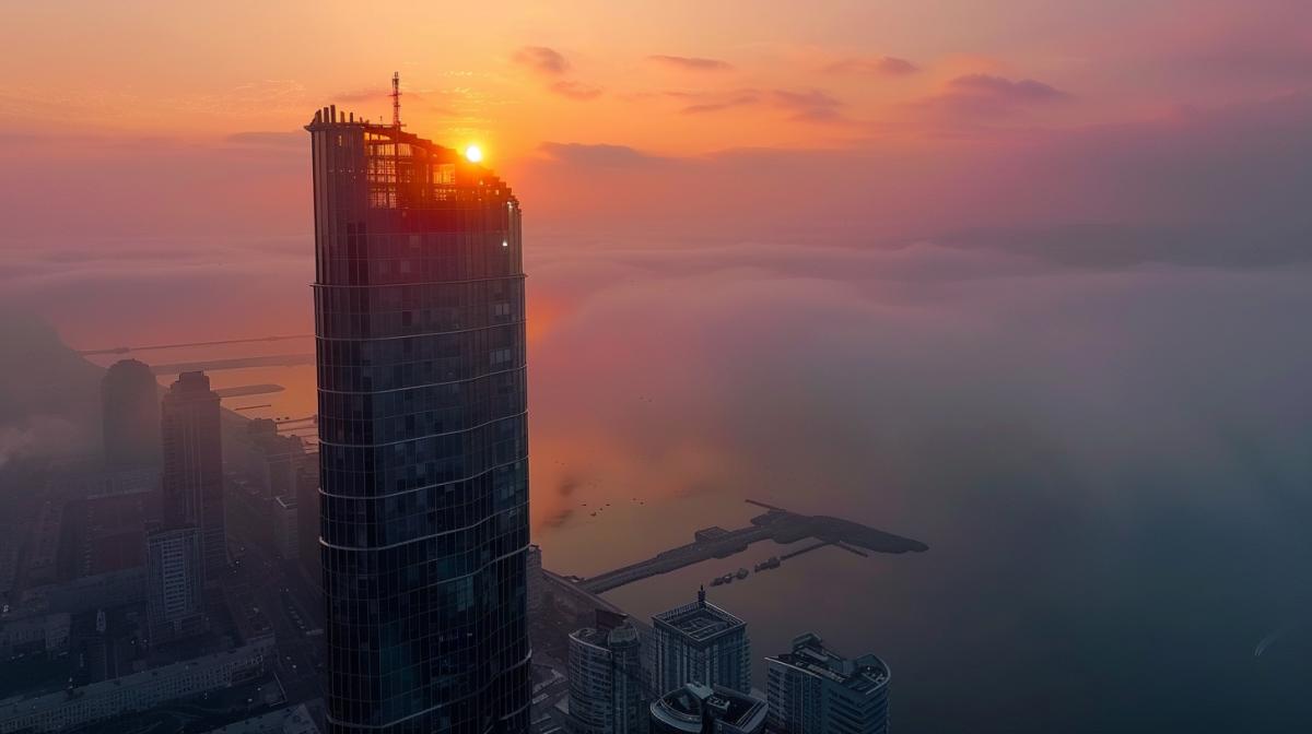 View from the top of the skyscraper Lakhta Center for St. Petersburg and the Nevsky Gulf, light smoke at sea, sun at sunrise, atmosphere of warm summer morning